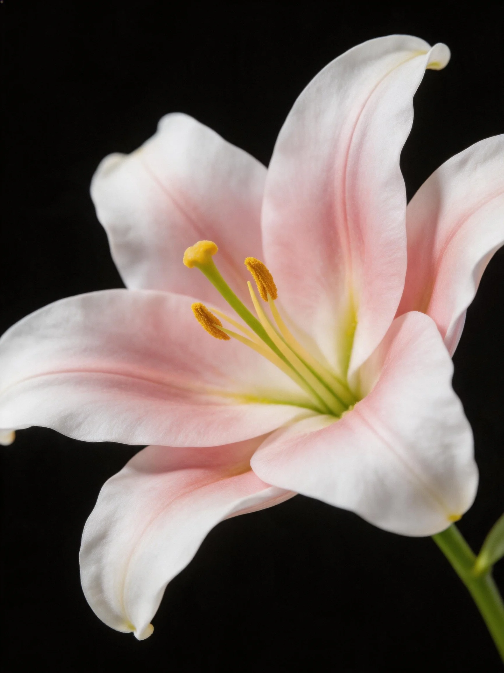 A delicate pink lily with white petals and yellow stamens