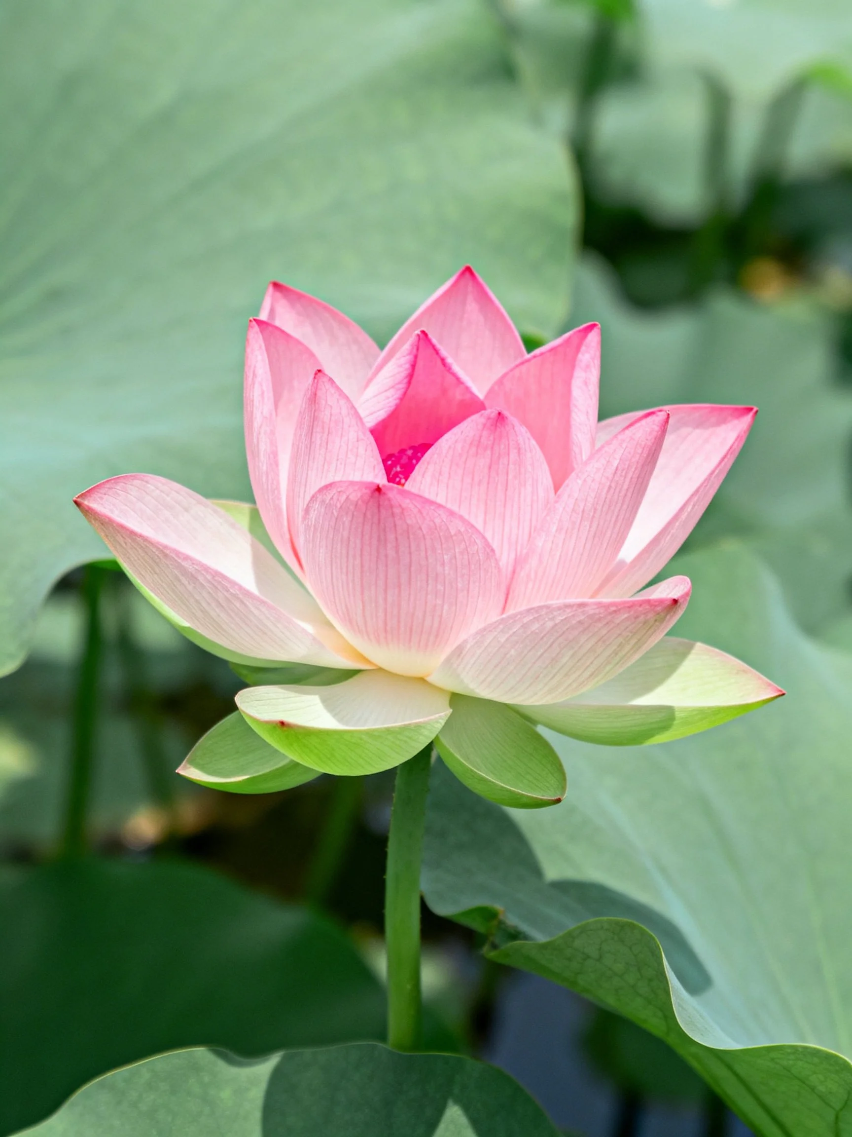 A delicate pink lotus blooming amid large green leaves