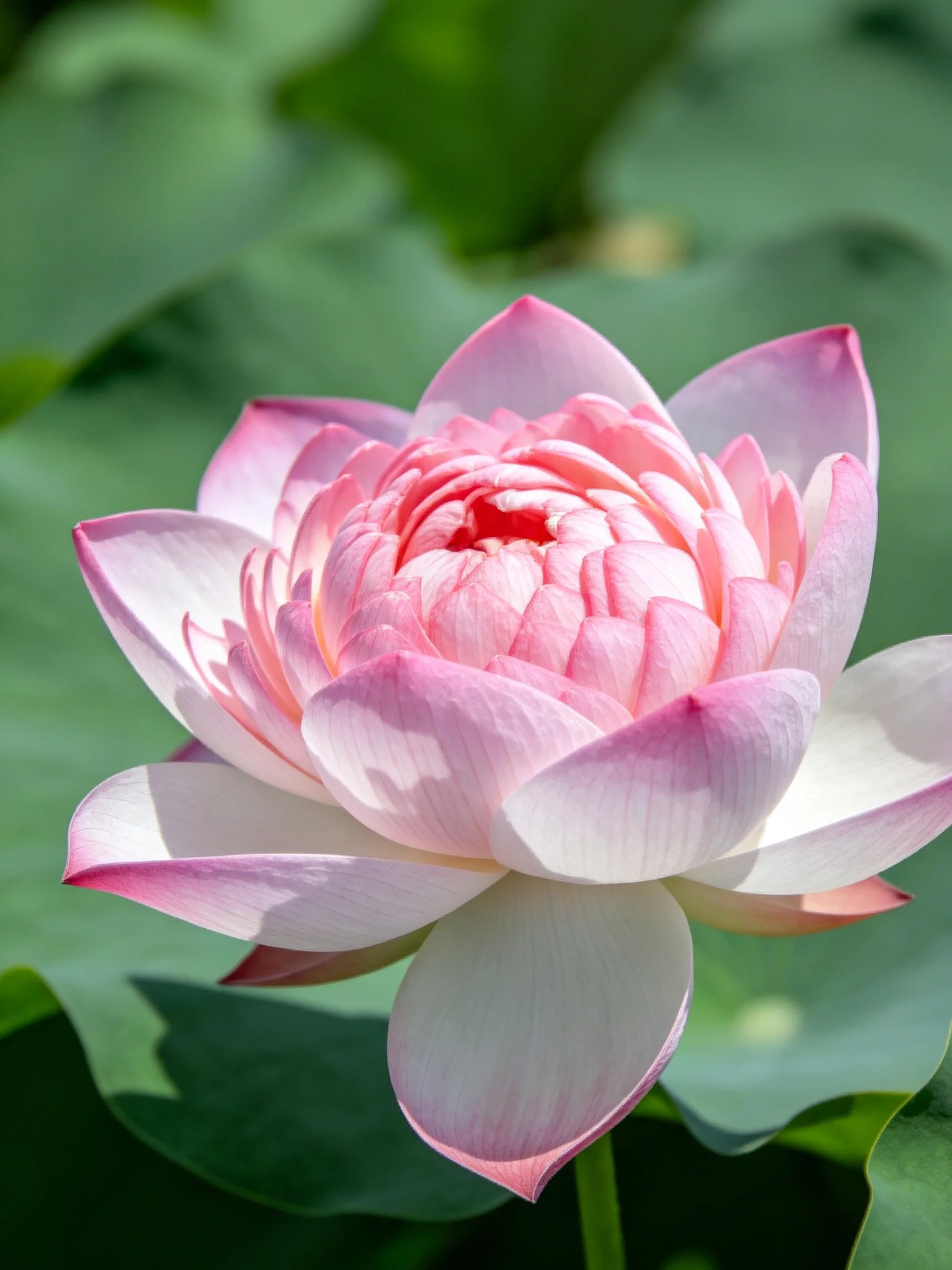 A delicate pink lotus blooming amid lush green foliage