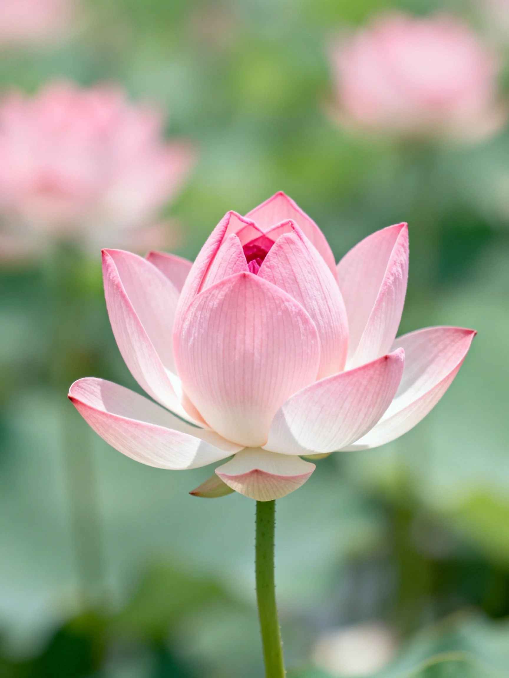 A delicate pink lotus blooming amidst soft green foliage