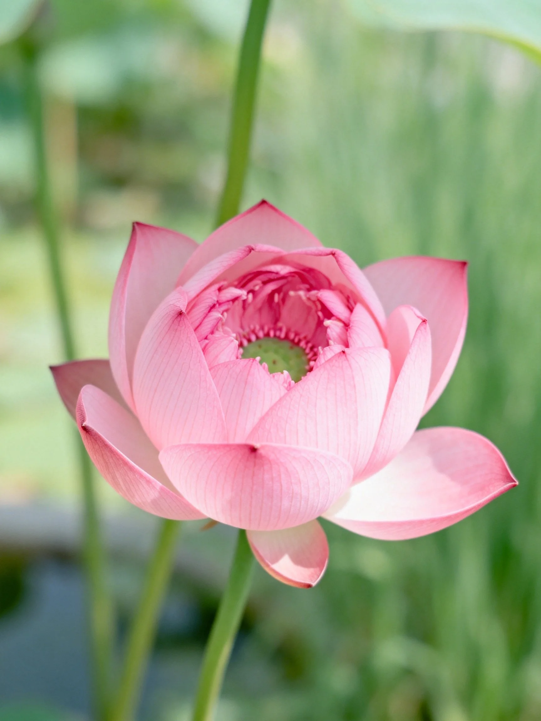 A delicate pink lotus blooming among green foliage
