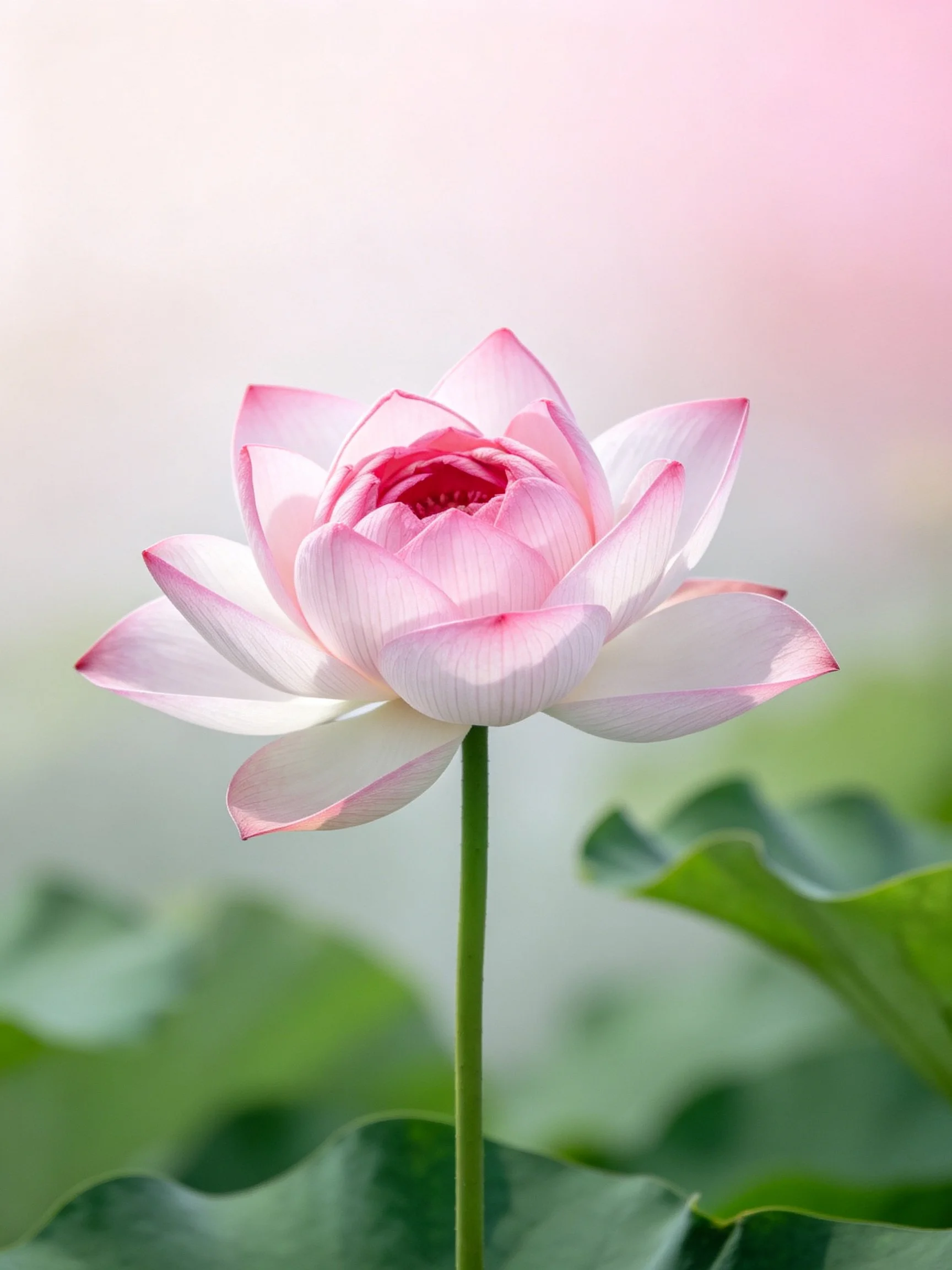 A delicate pink lotus blooming among lush green leaves