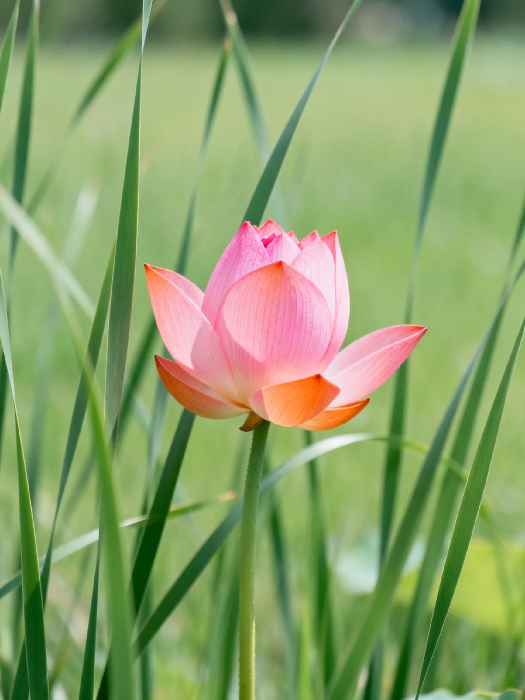 A delicate pink lotus blooming among tall green reeds