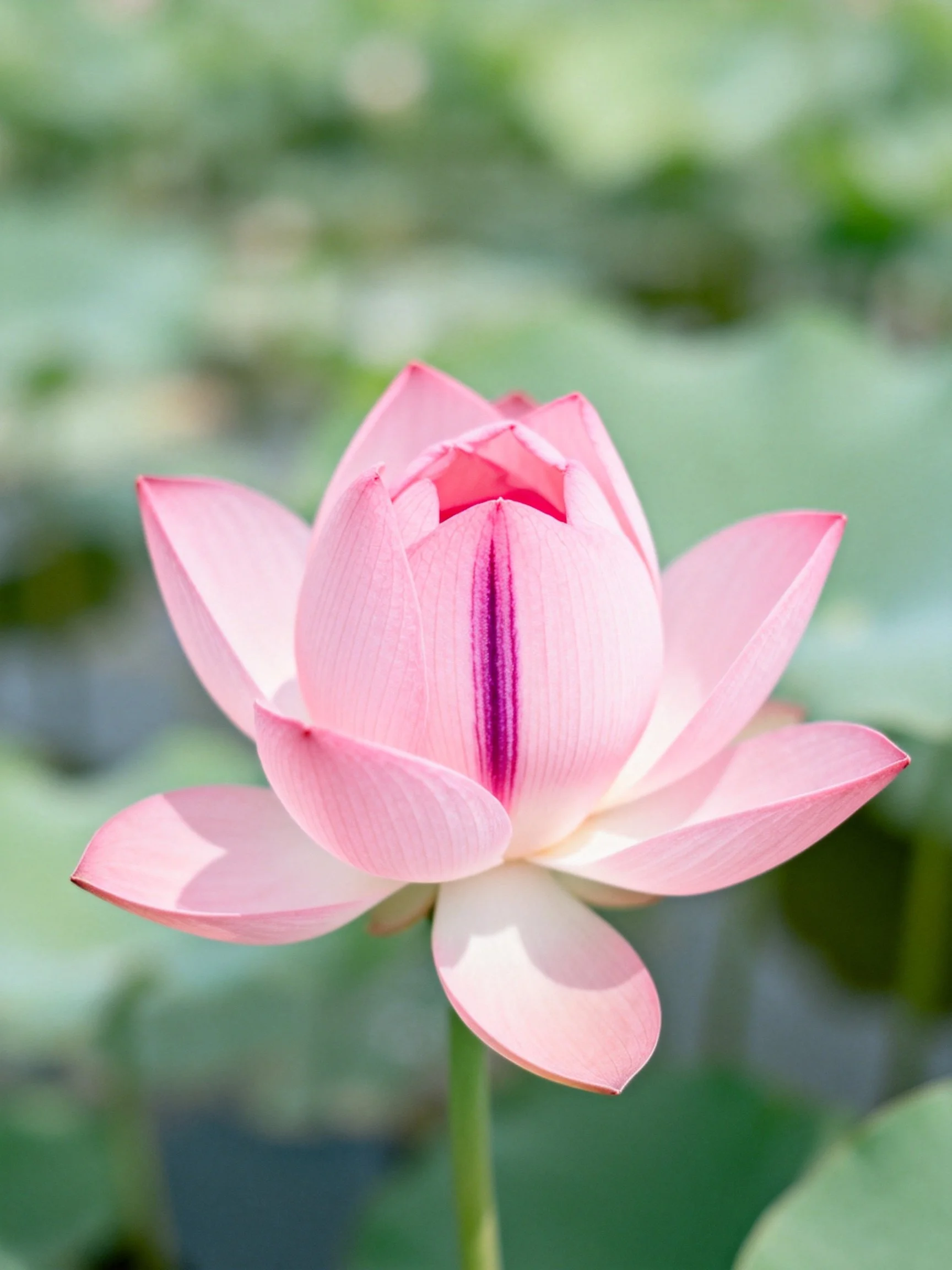 A delicate pink lotus blooming near green foliage