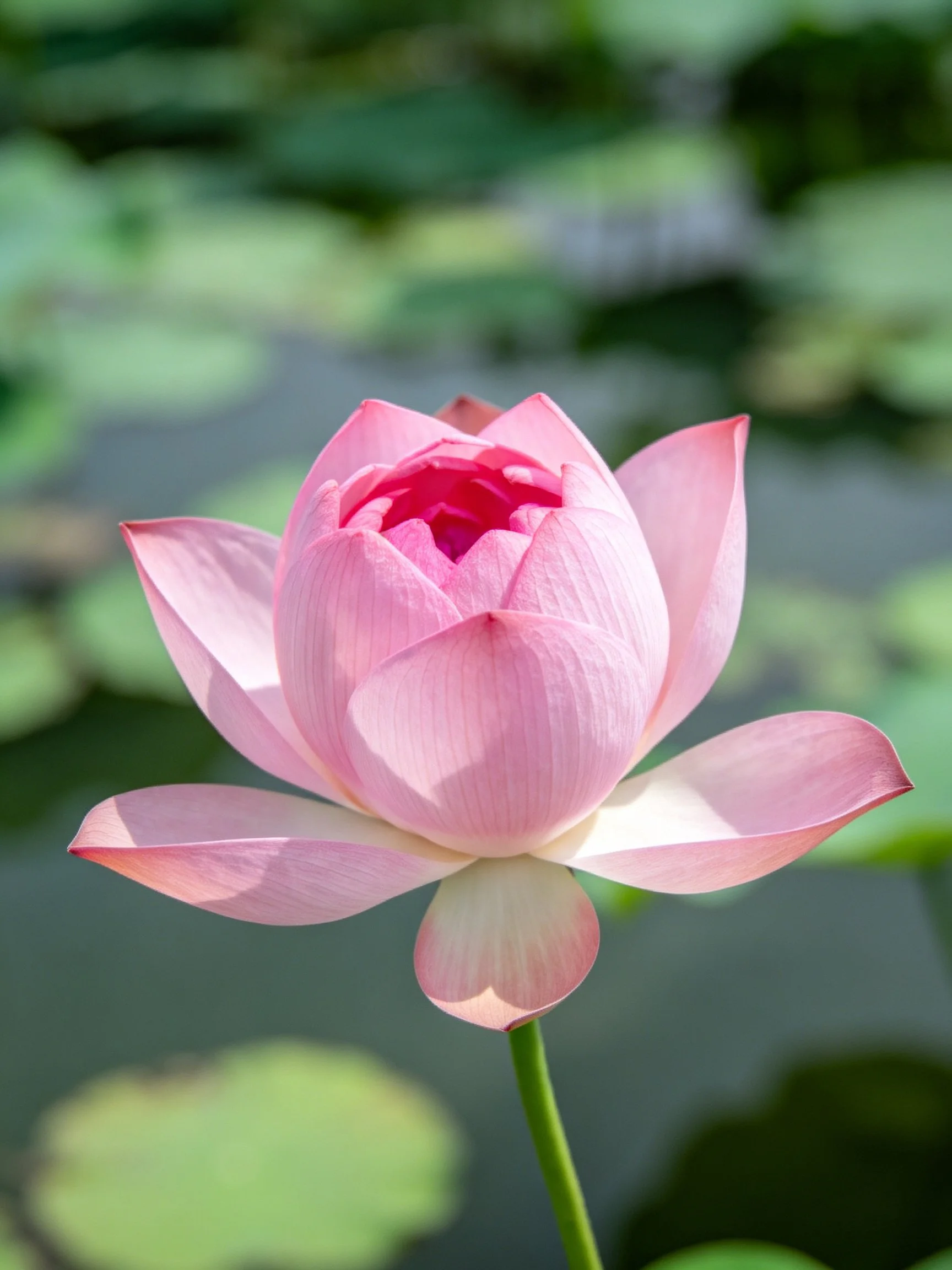 A delicate pink lotus blooming near green lily pads