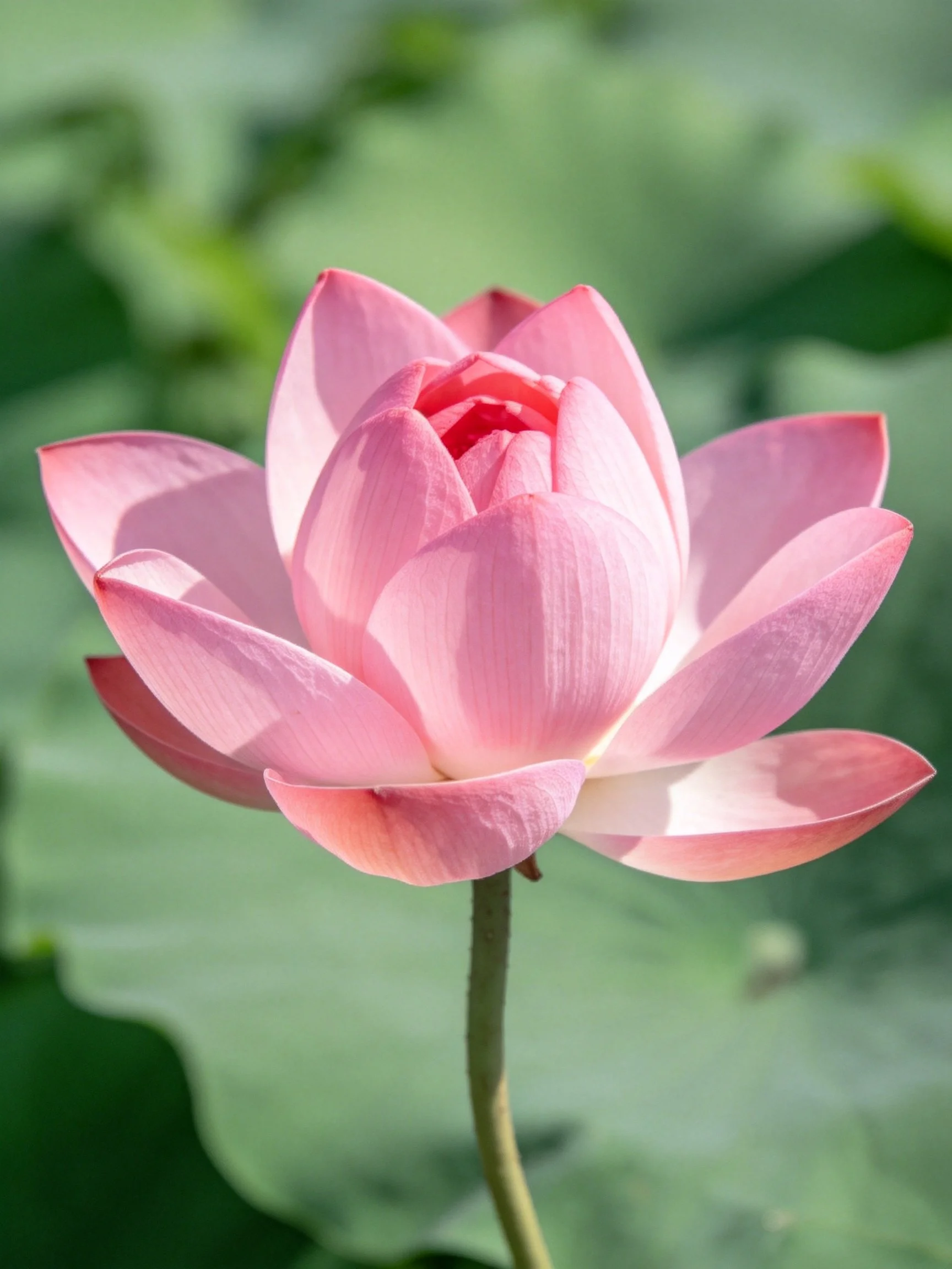 A delicate pink lotus blooms amid green foliage