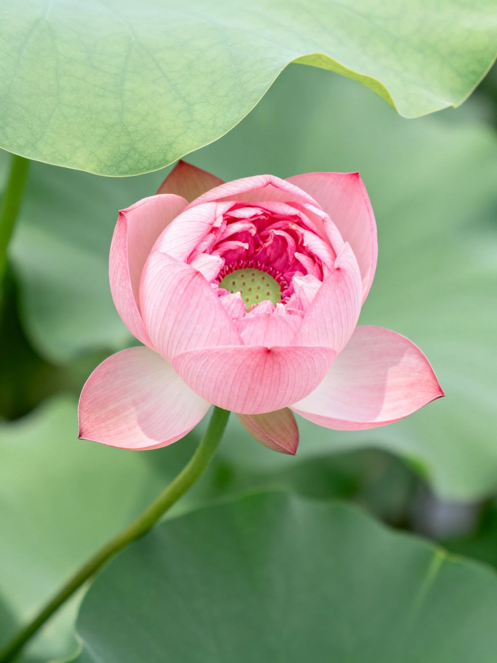 A delicate pink lotus blooms amid large green leaves