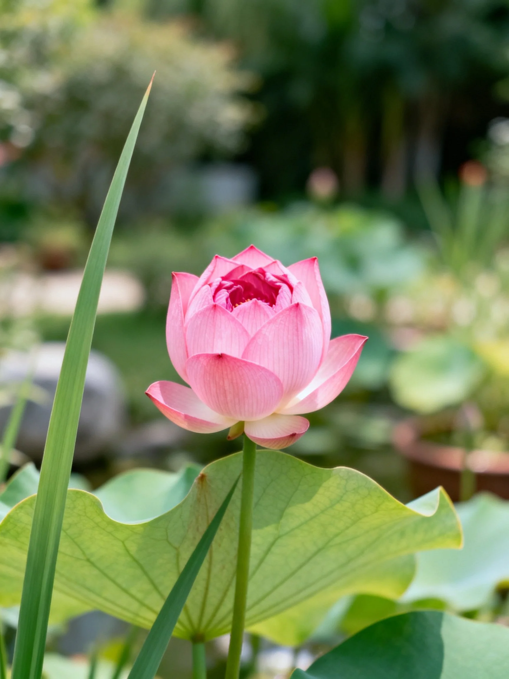 A delicate pink lotus blooms amid lush green foliage