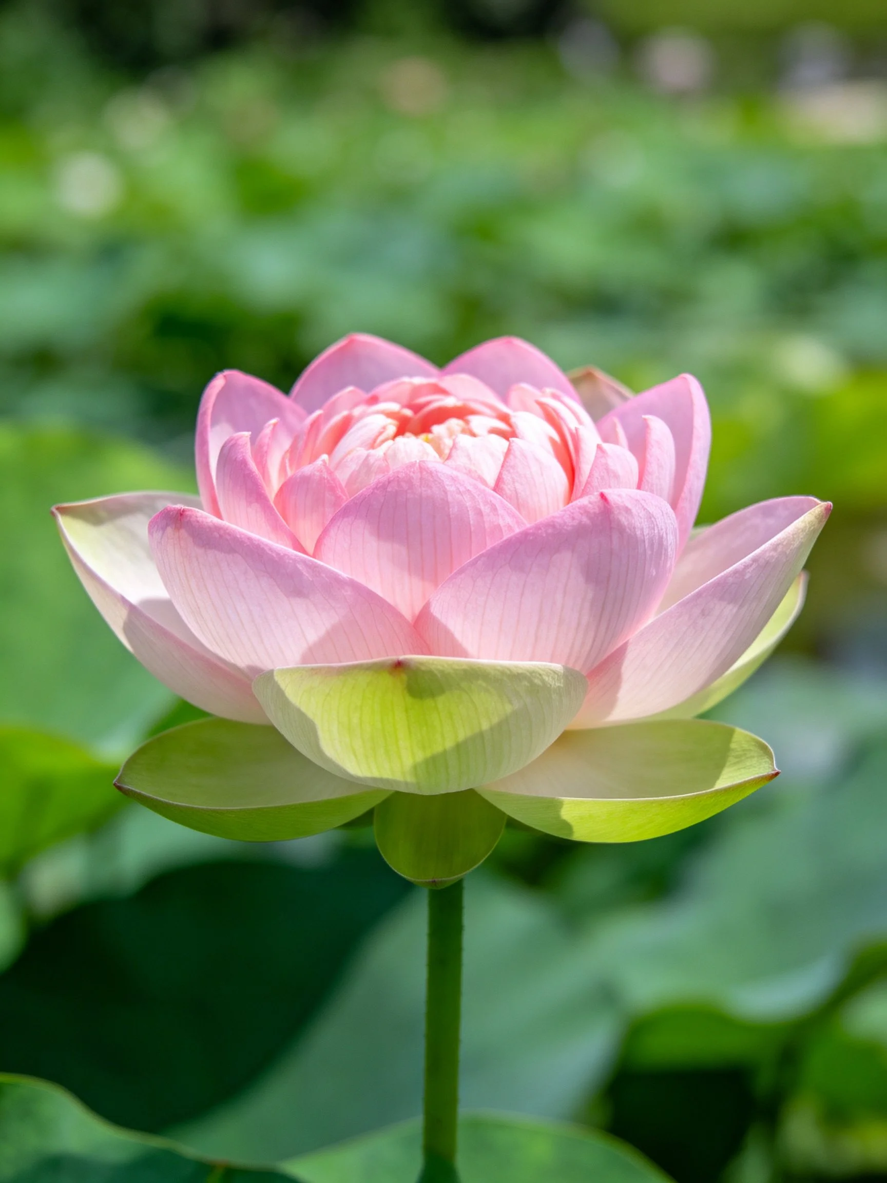A delicate pink lotus blooms amidst lush green foliage.