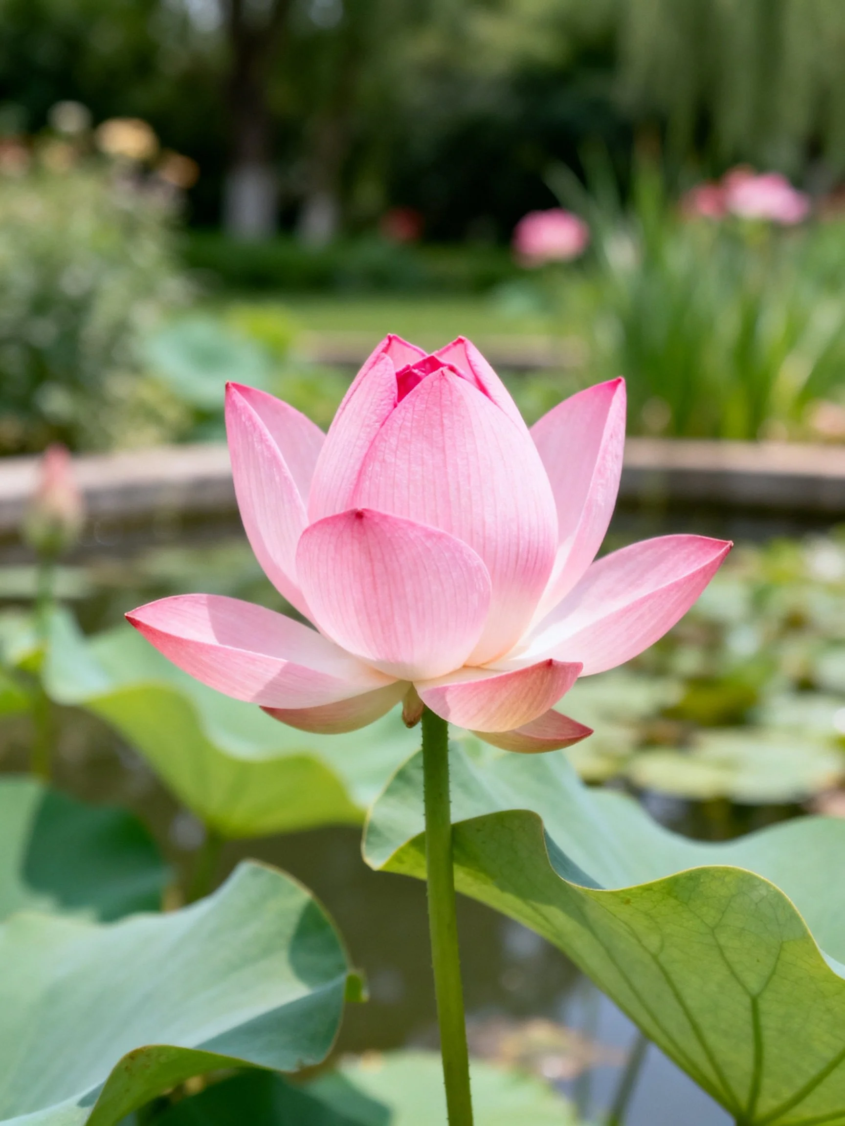 A delicate pink lotus blooms among large green lily pads by calm water