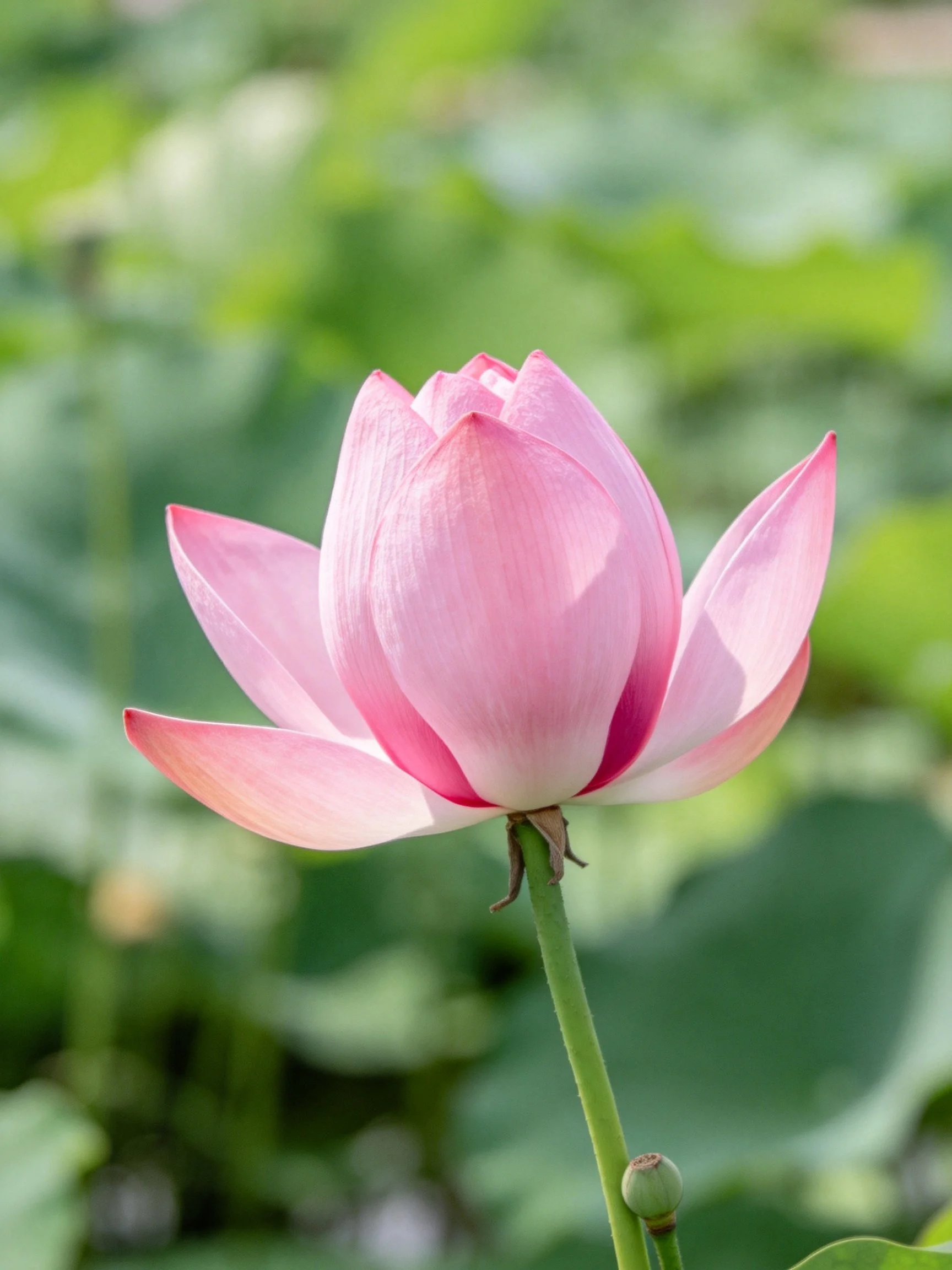 A delicate pink lotus blooms among lush green foliage
