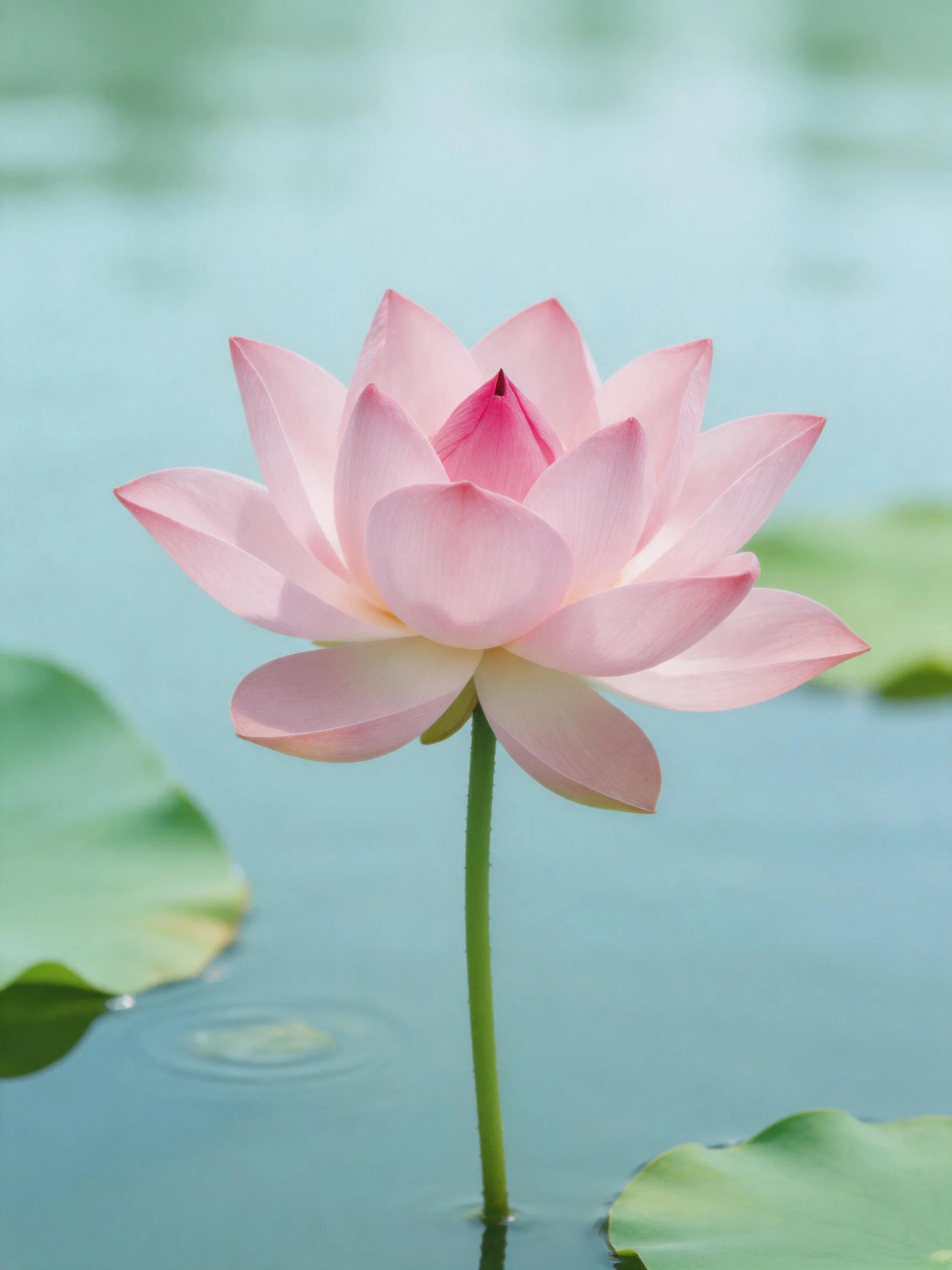 A delicate pink lotus blooms near green lily pads in calm water.