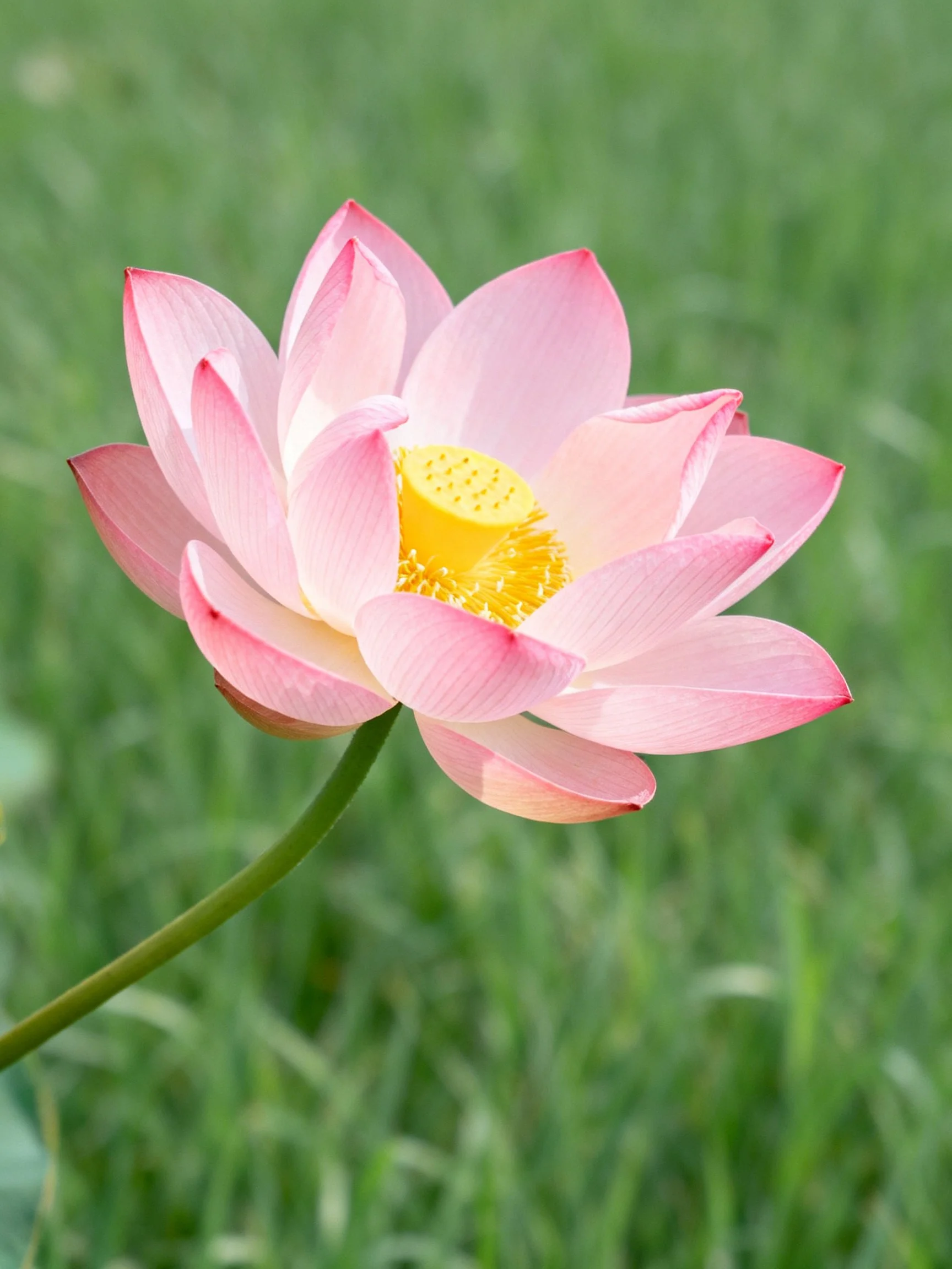 A delicate pink lotus blooms with a bright yellow center