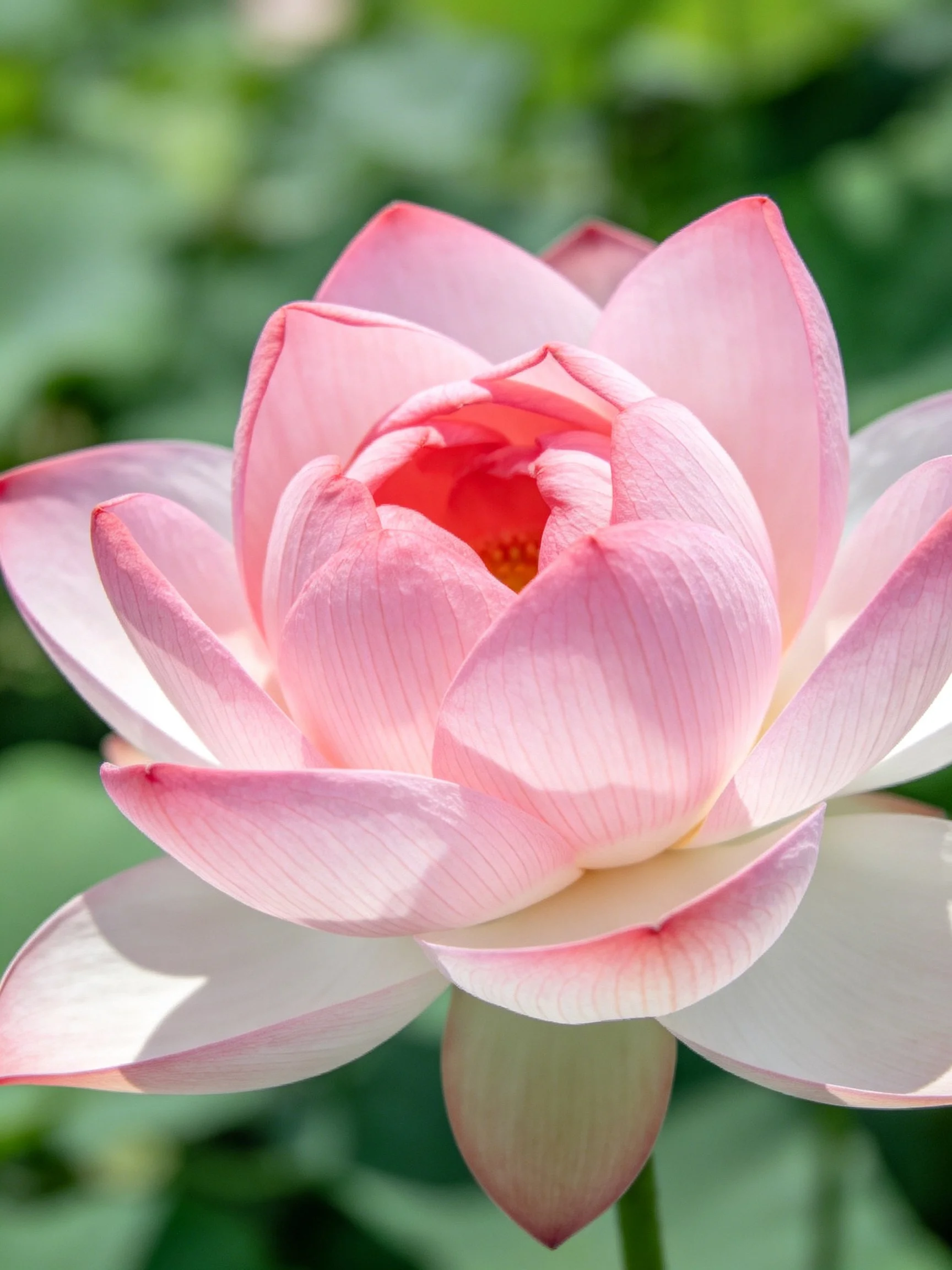 A delicate pink lotus blossom with layered petals