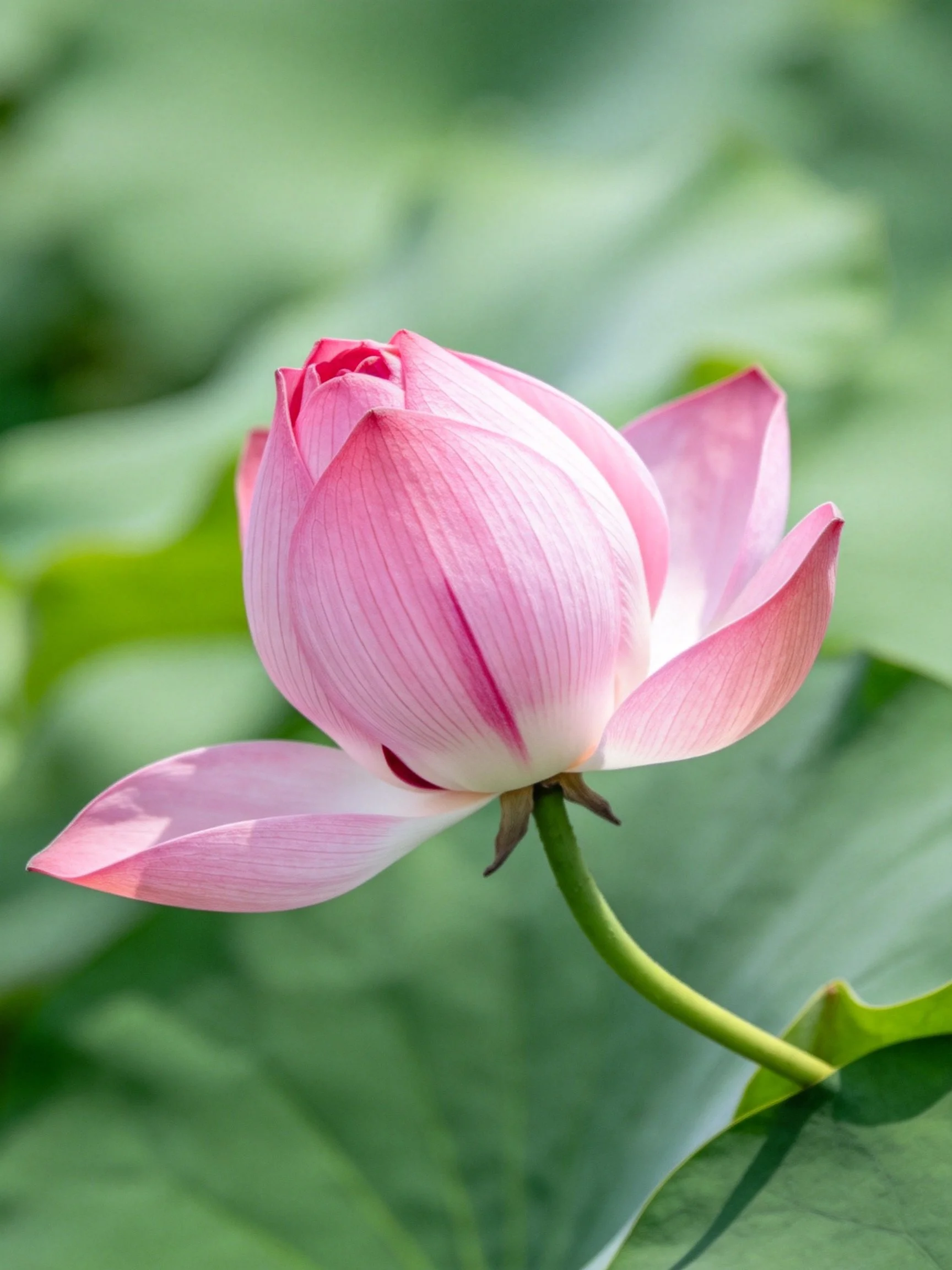 A delicate pink lotus bud amidst large green leaves