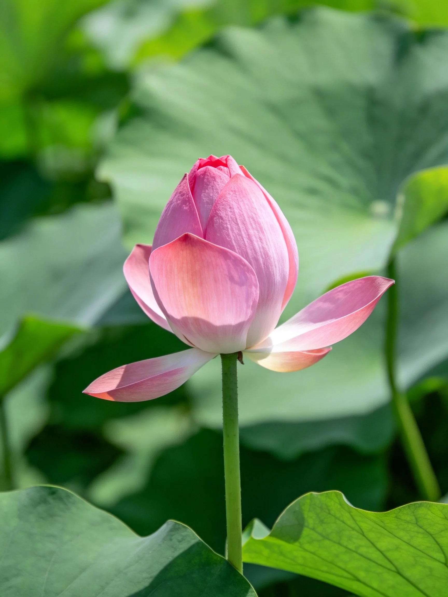A delicate pink lotus bud amidst large green lily pads