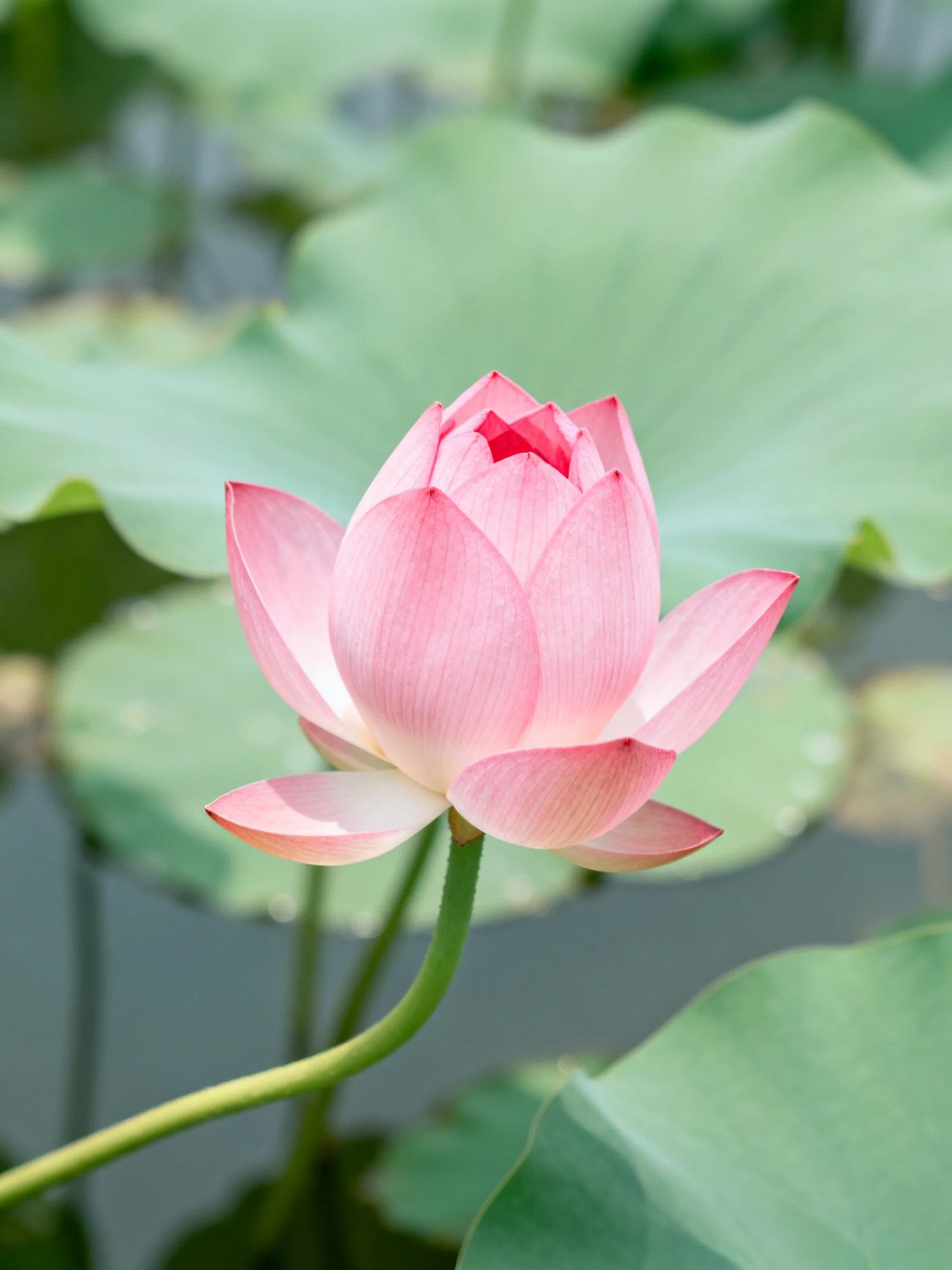 A delicate pink lotus bud amidst large green lily pads