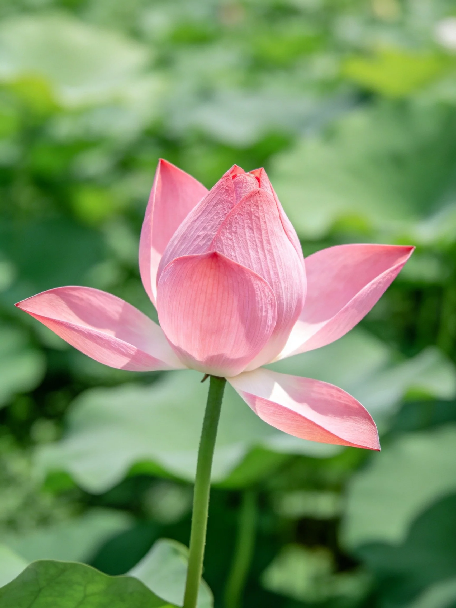 A delicate pink lotus bud amidst lush green foliage
