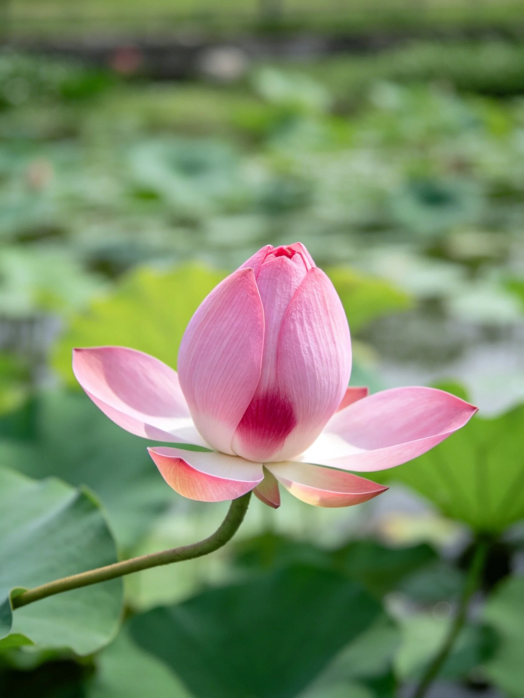 A delicate pink lotus bud amidst lush green foliage