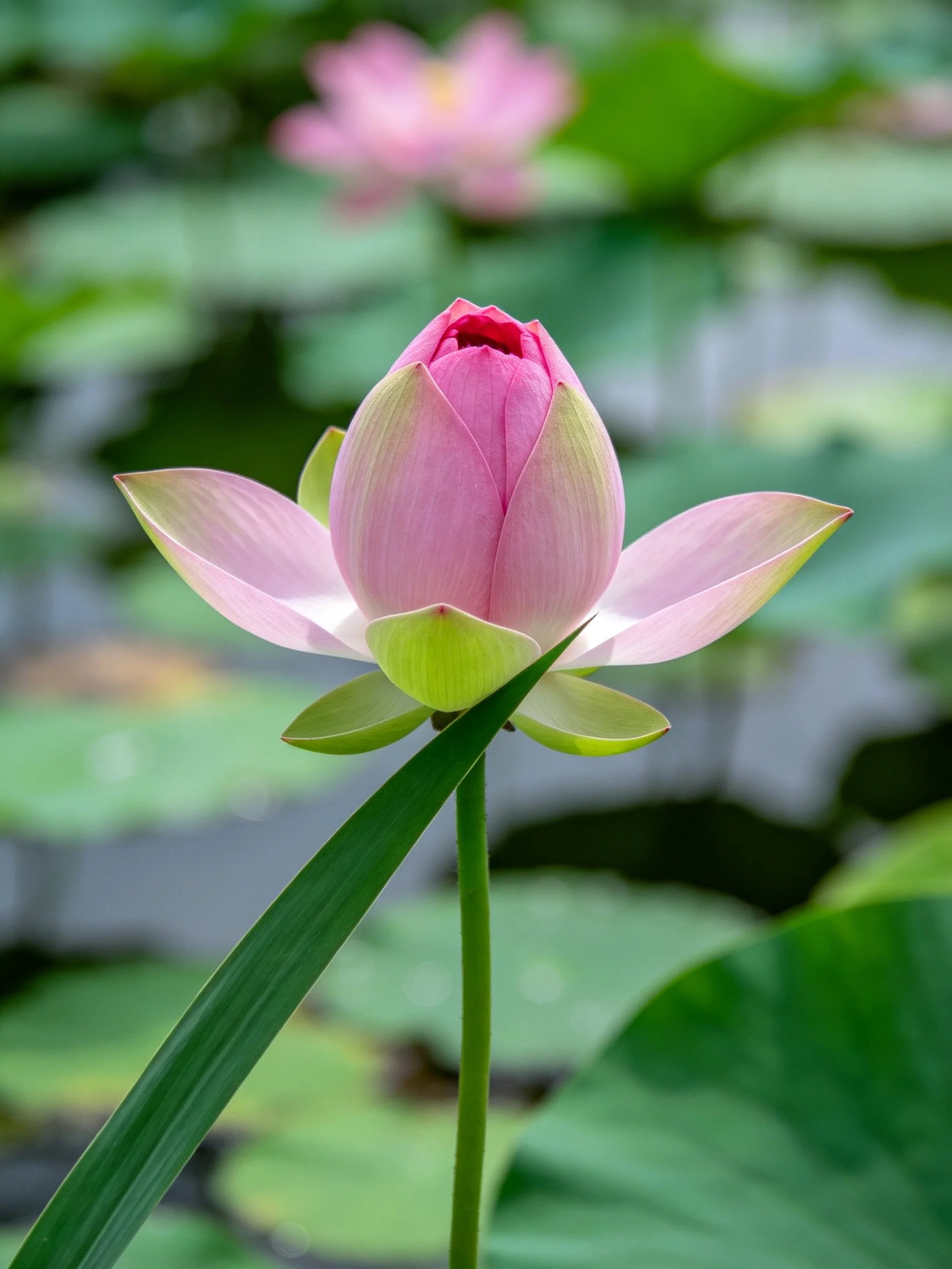 A delicate pink lotus bud amidst lush green lily pads