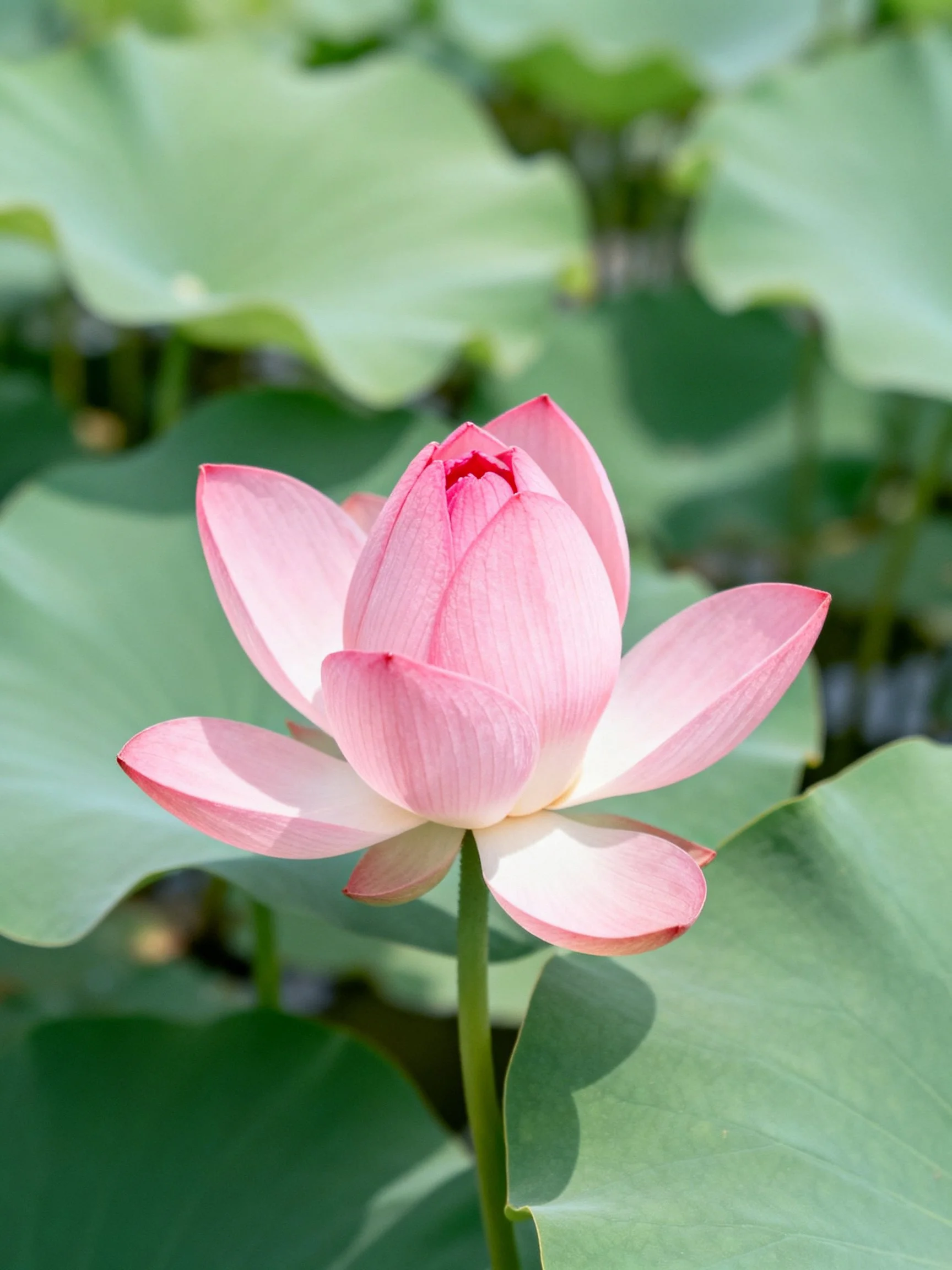 A delicate pink lotus bud among large green lily pads