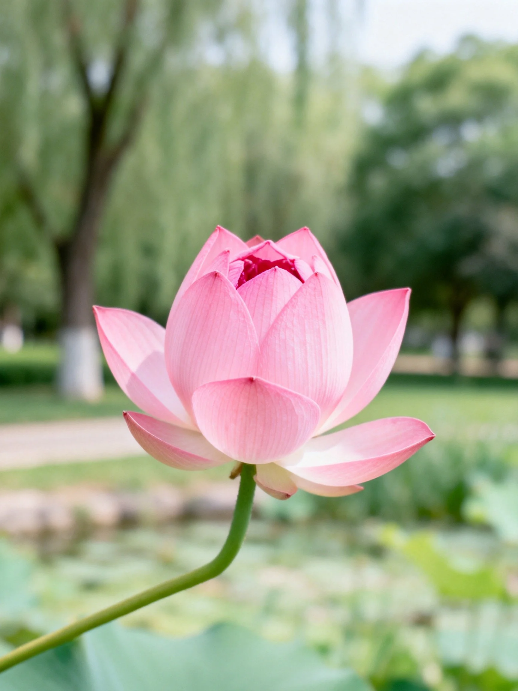 A delicate pink lotus bud in a lush green park setting