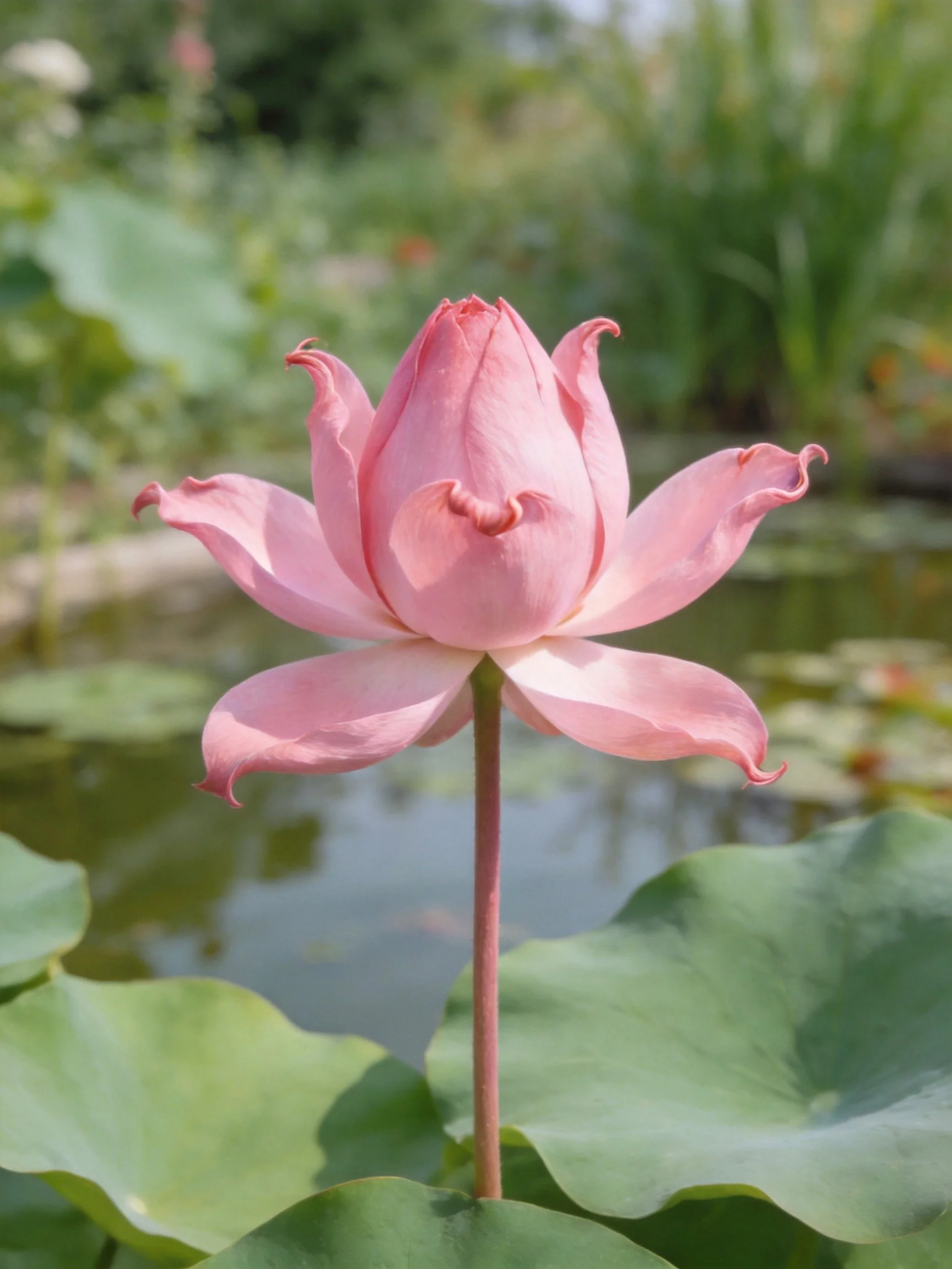 A delicate pink lotus bud near calm water with large green leaves