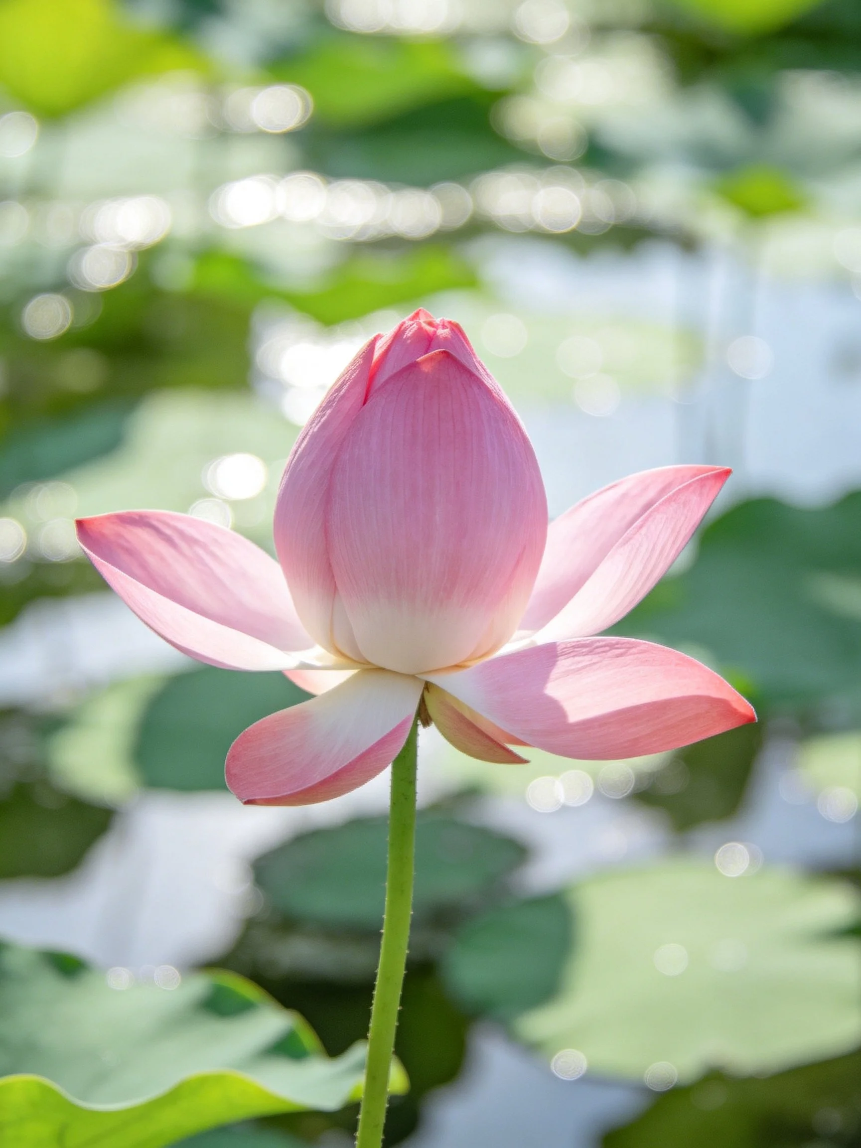 A delicate pink lotus bud surrounded by green lily pads