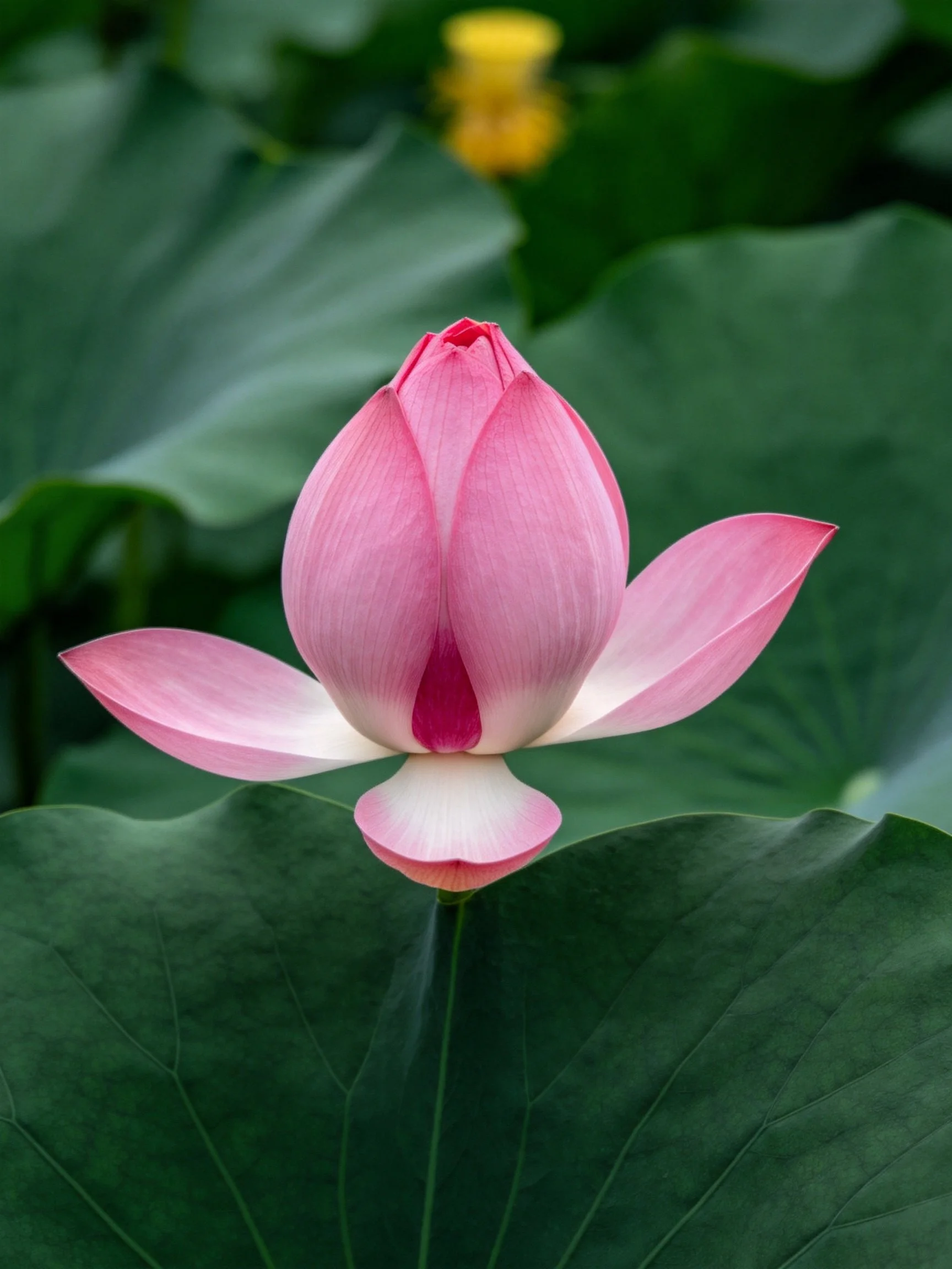 A delicate pink lotus bud surrounded by large green leaves