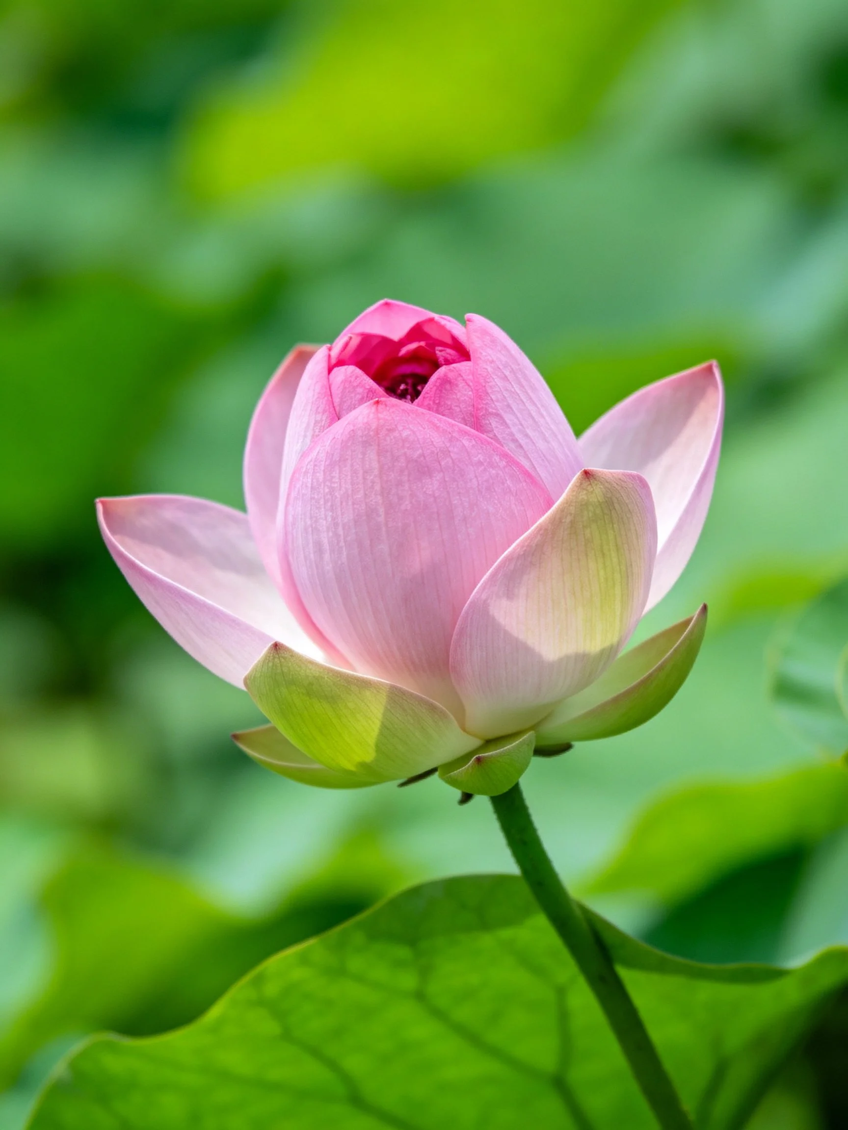 A delicate pink lotus bud surrounded by lush green foliage