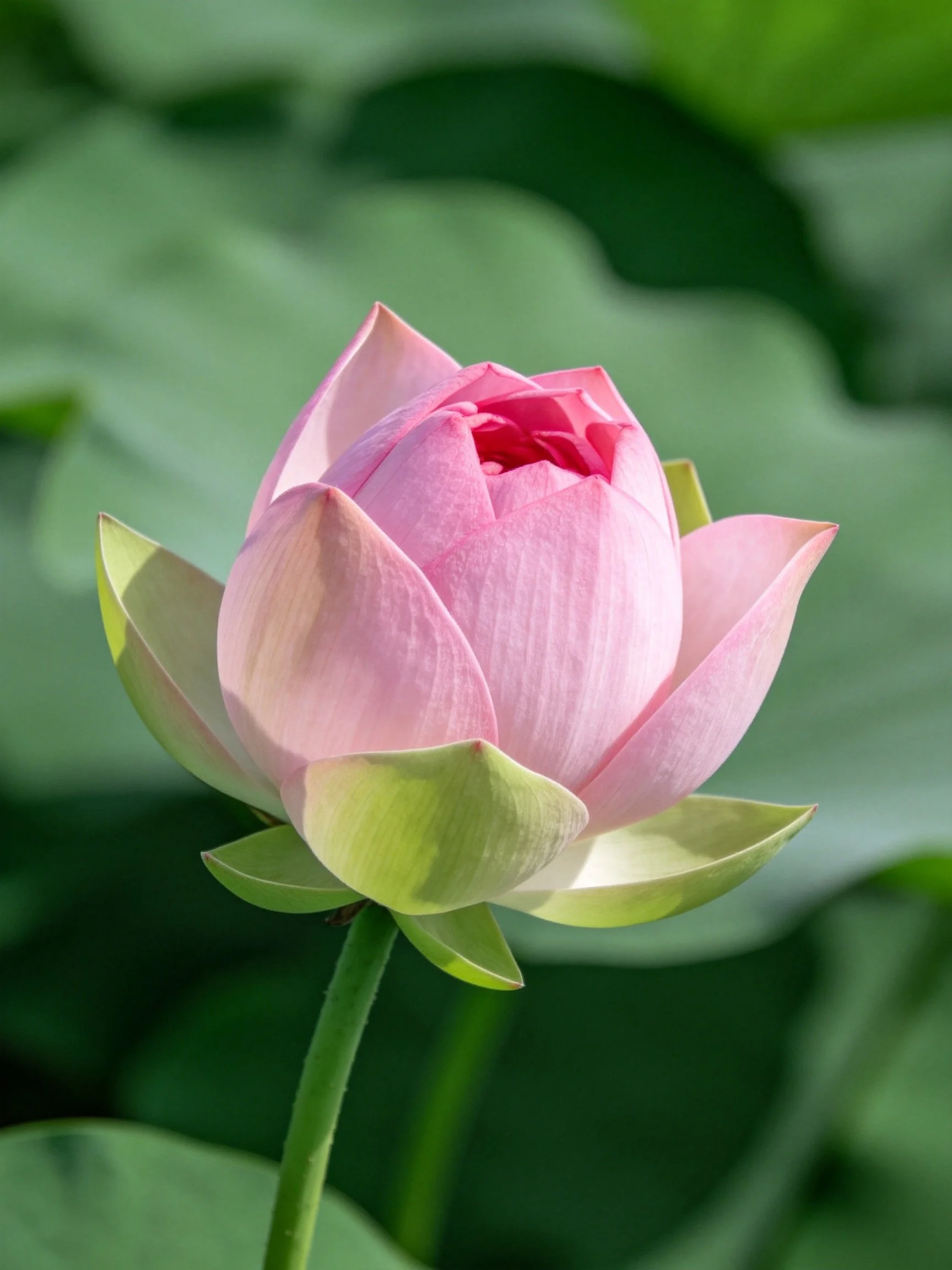A delicate pink lotus bud with soft petals and green leaves