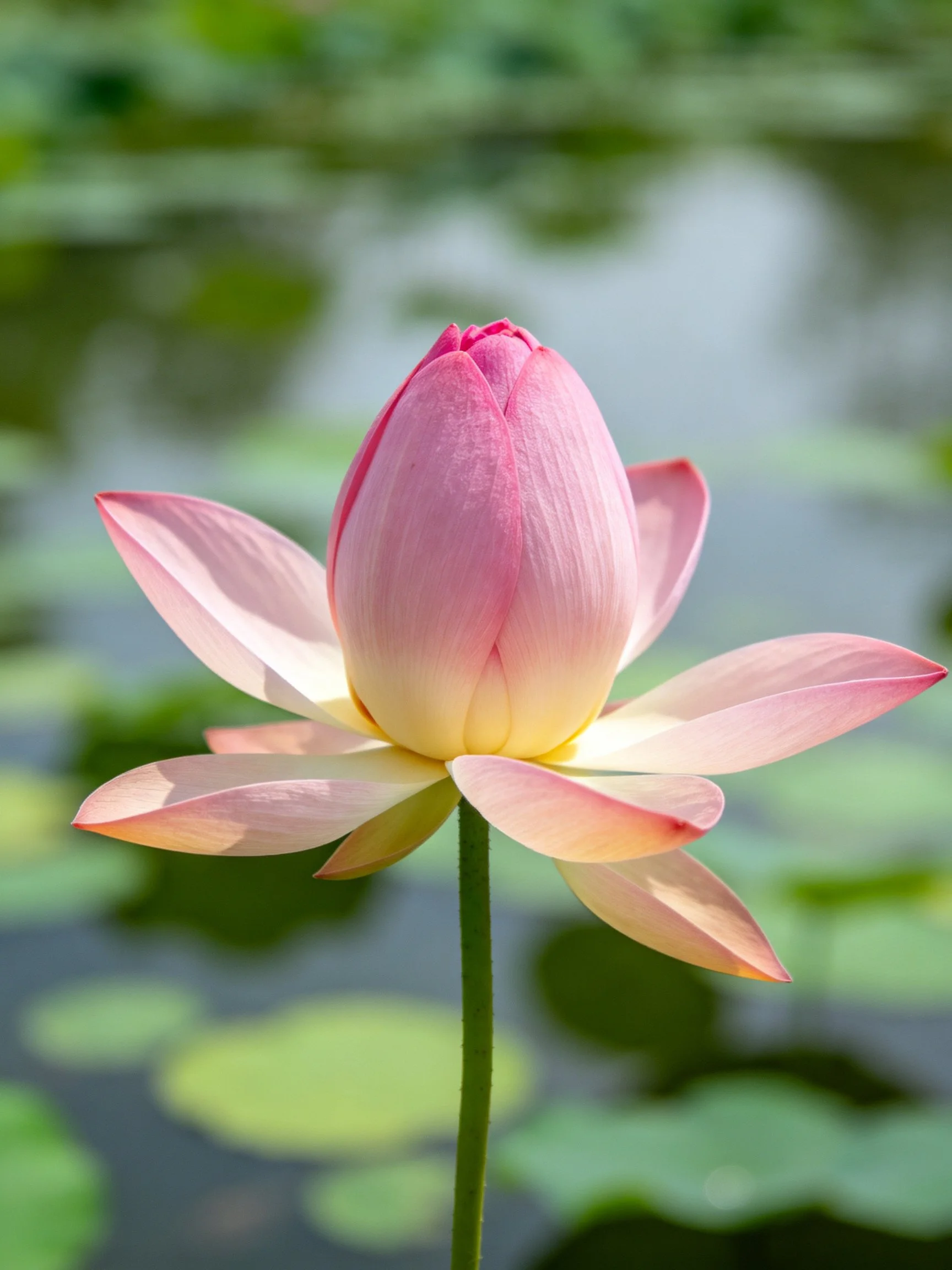 A delicate pink lotus bud with soft petals near water lilies