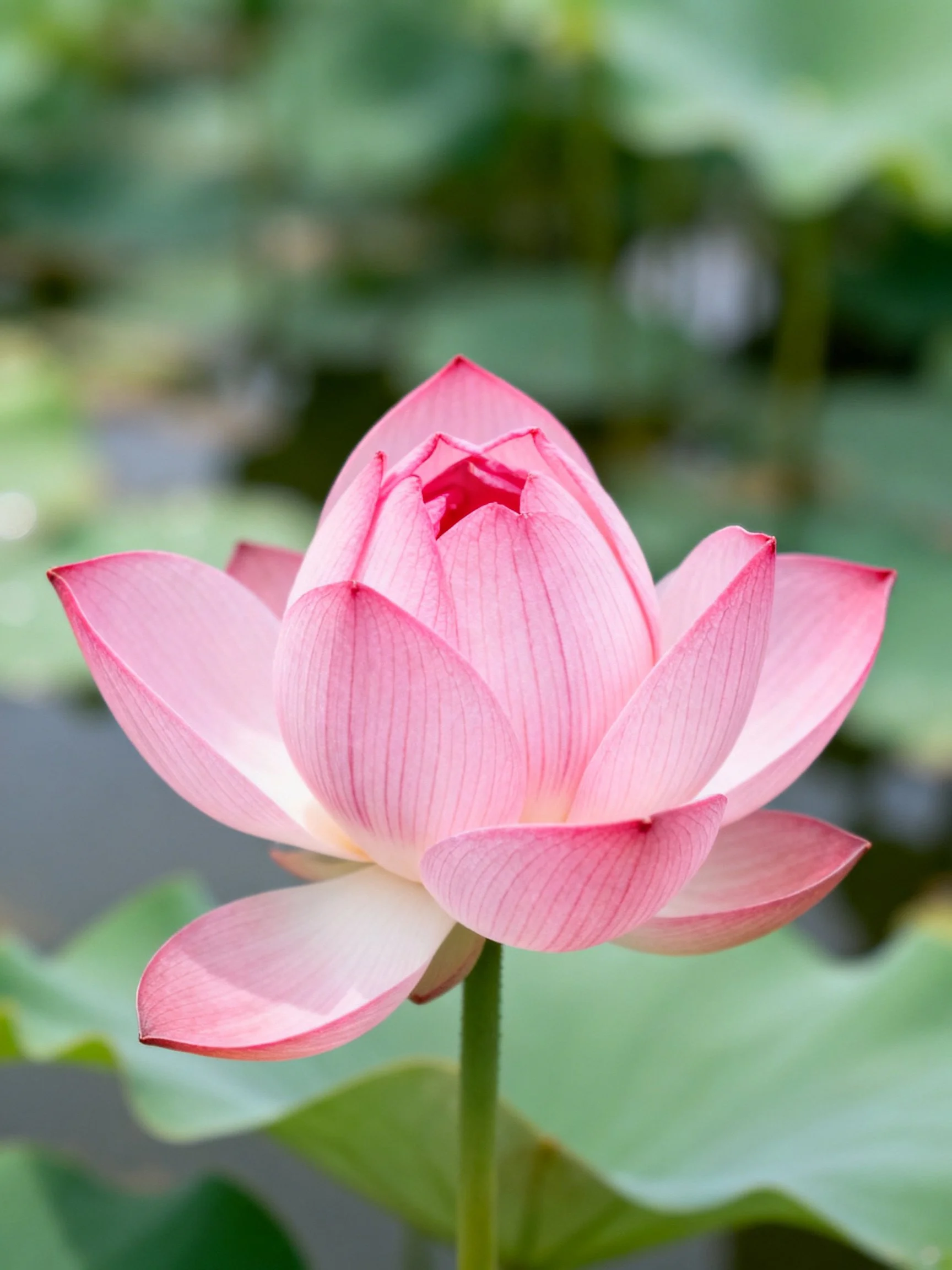 A delicate pink lotus bud with vibrant green leaves in the background