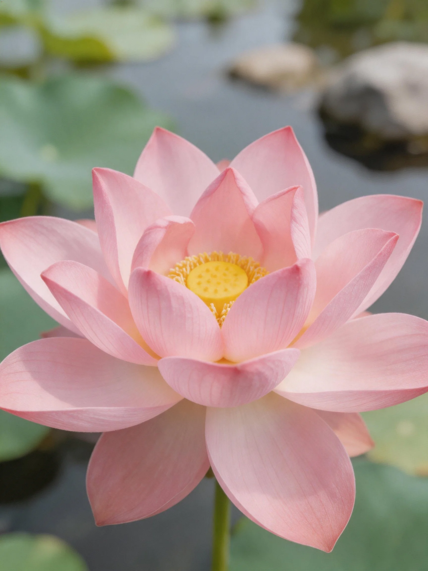 A delicate pink lotus flower with layered petals