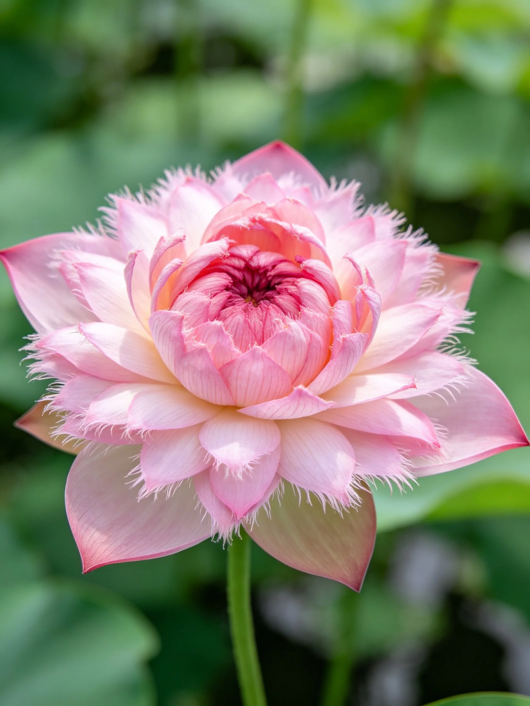 A delicate pink lotus with layered petals and soft hues
