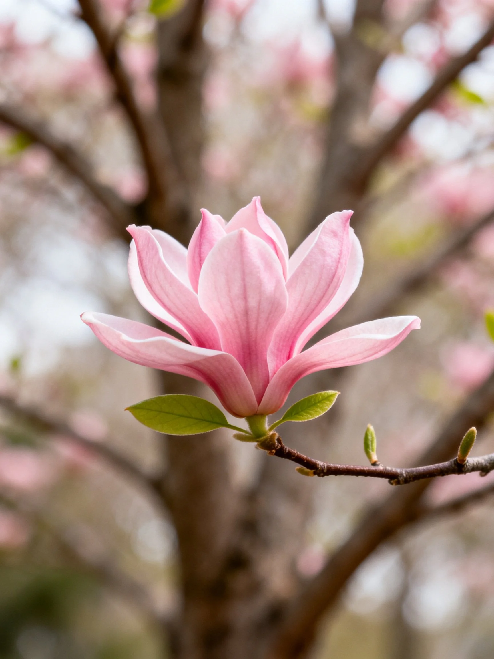 A delicate pink magnolia flower blooming on a branch with green leaves