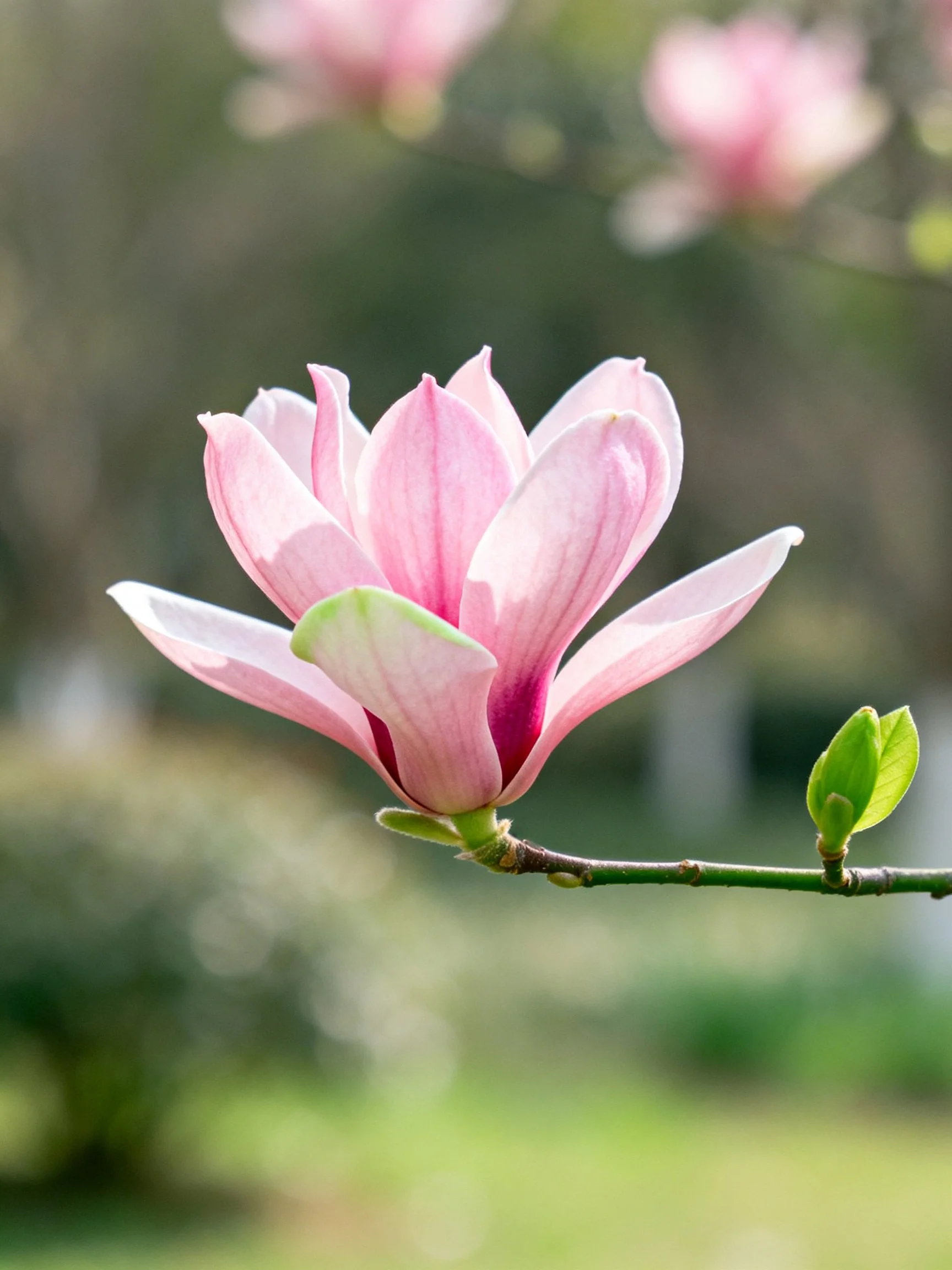 A delicate pink magnolia flower with a green bud on a slender branch