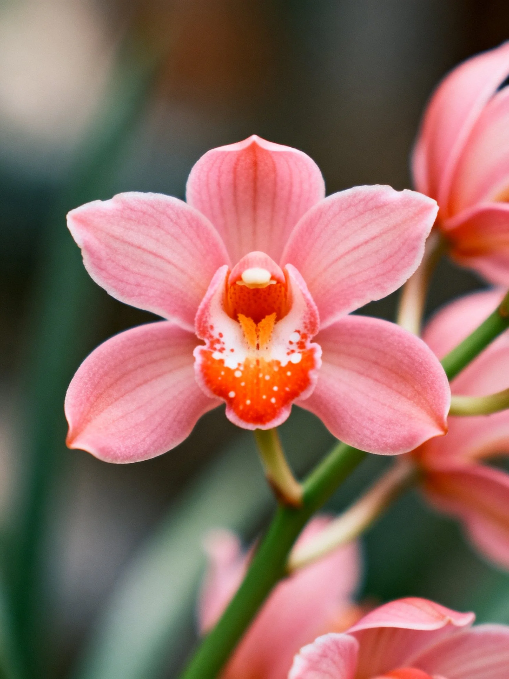A delicate pink orchid with vibrant orange-red center