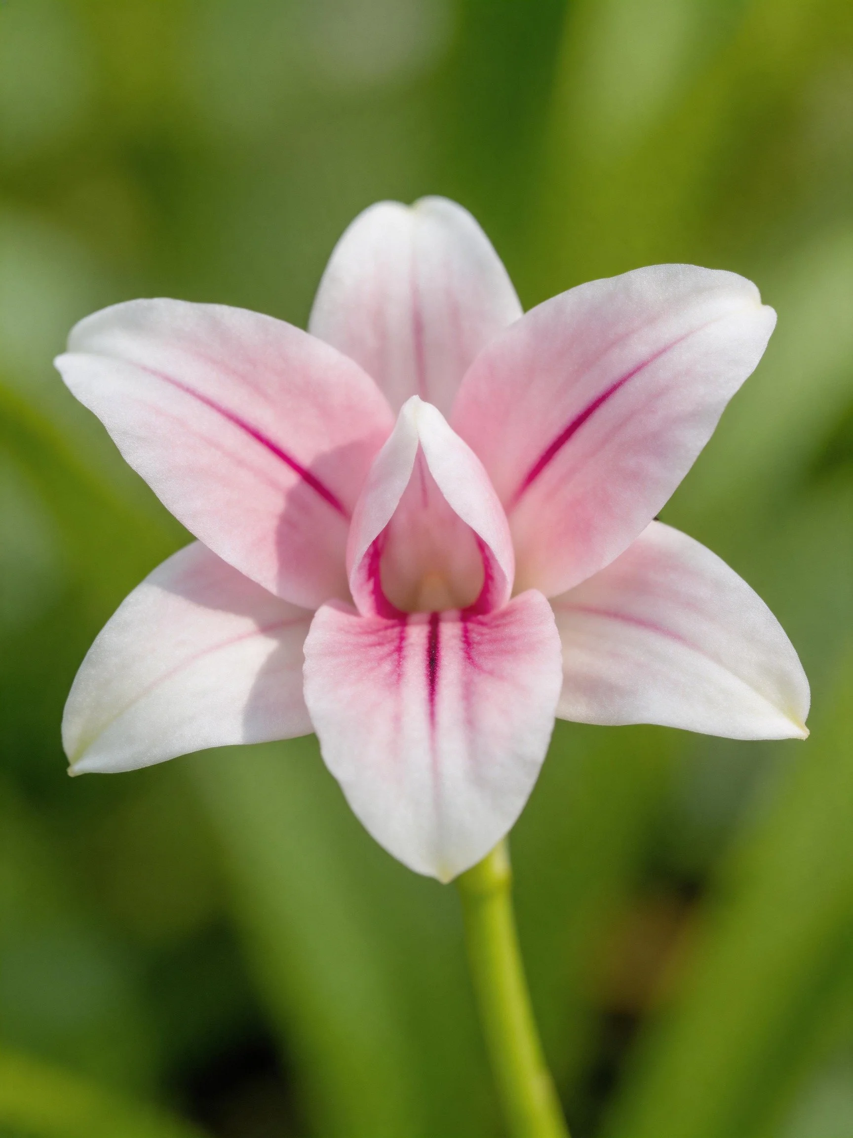 A delicate pink orchid with white edges and magenta stripes