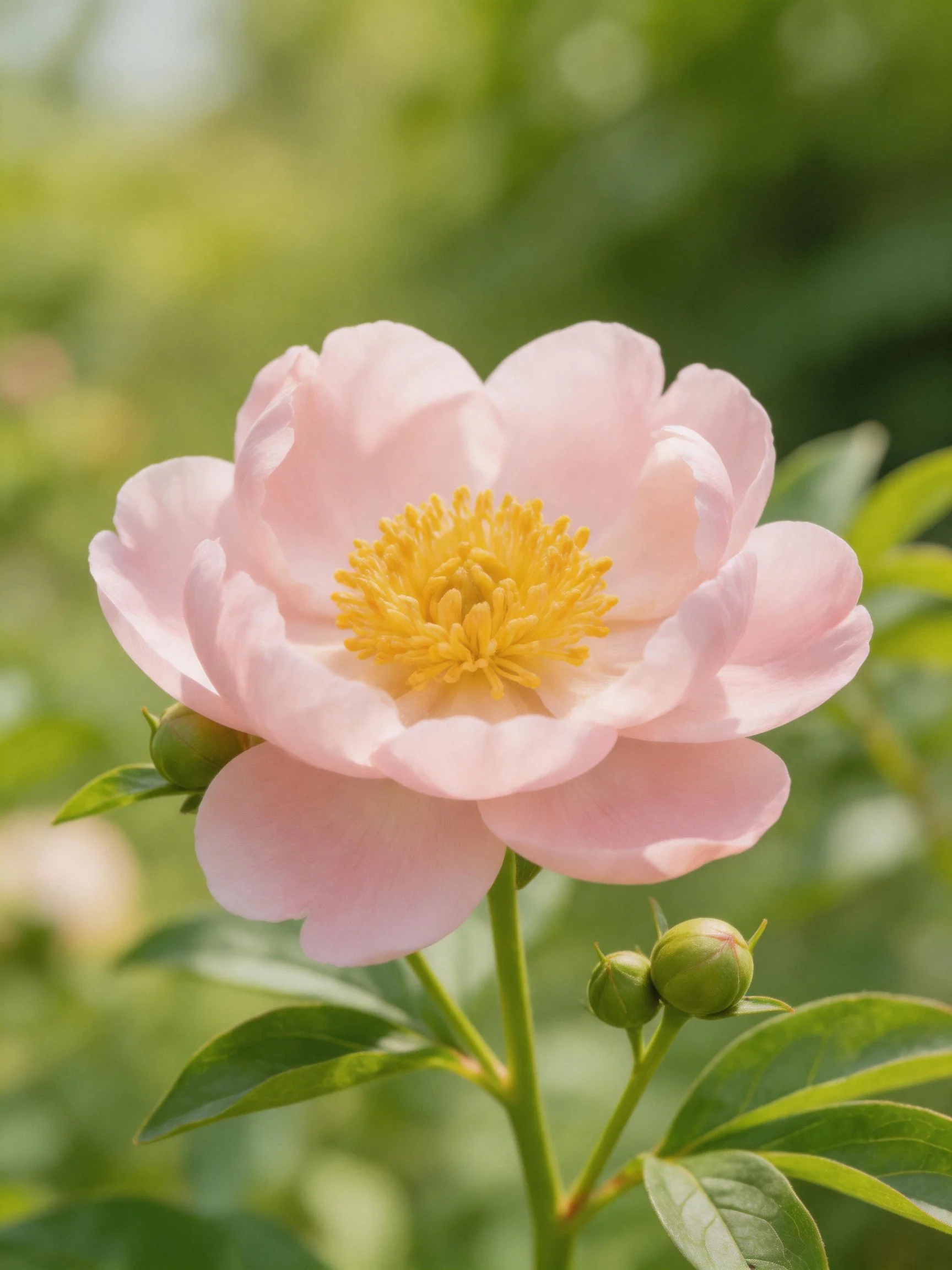 A delicate pink peony blooms with yellow center and green buds