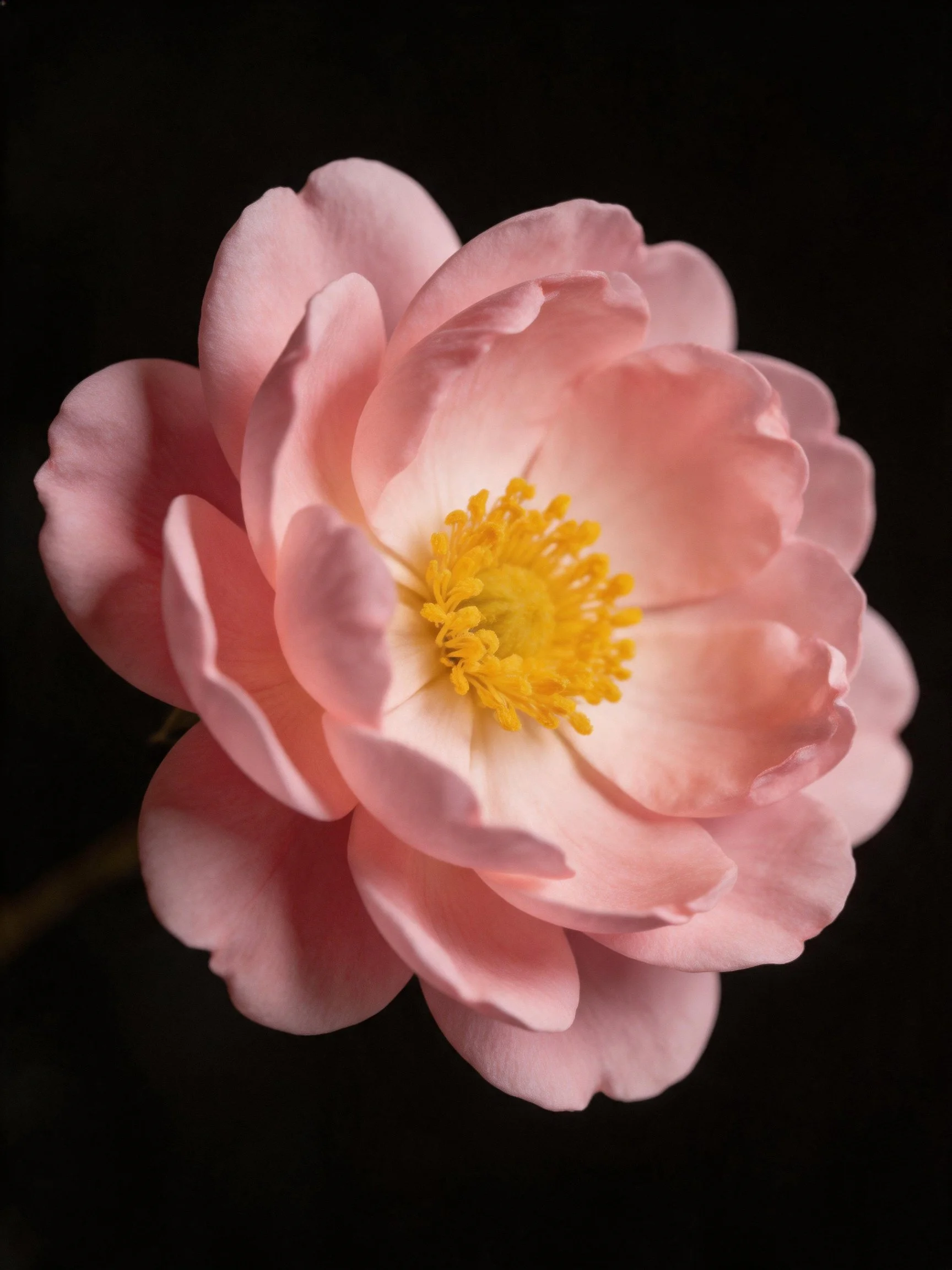 A delicate pink peony with a vibrant yellow center