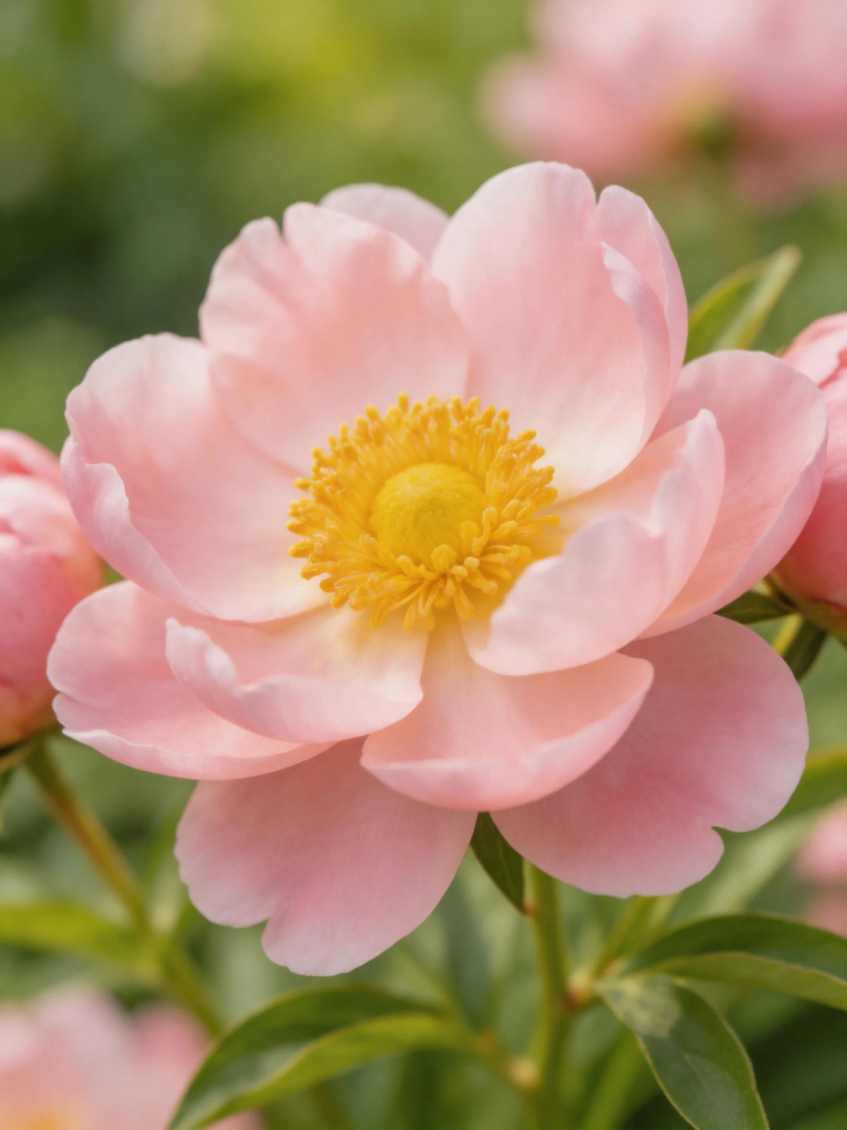 A delicate pink peony with bright yellow center