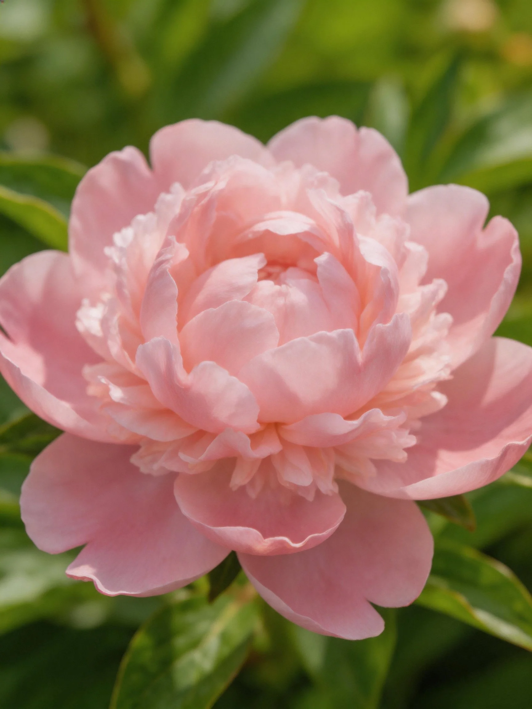 A delicate pink peony with layered petals and green foliage