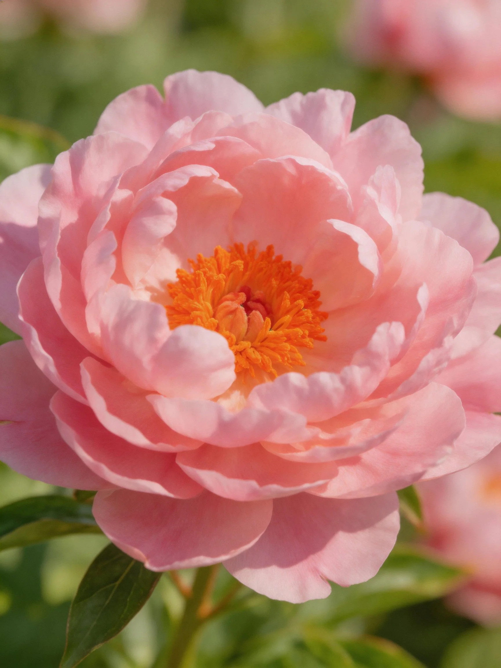 A delicate pink peony with vibrant orange center