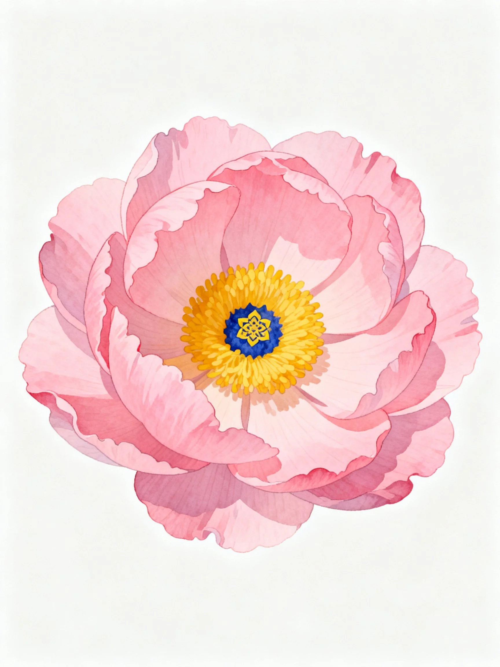 A delicate pink peony with vibrant yellow and blue center