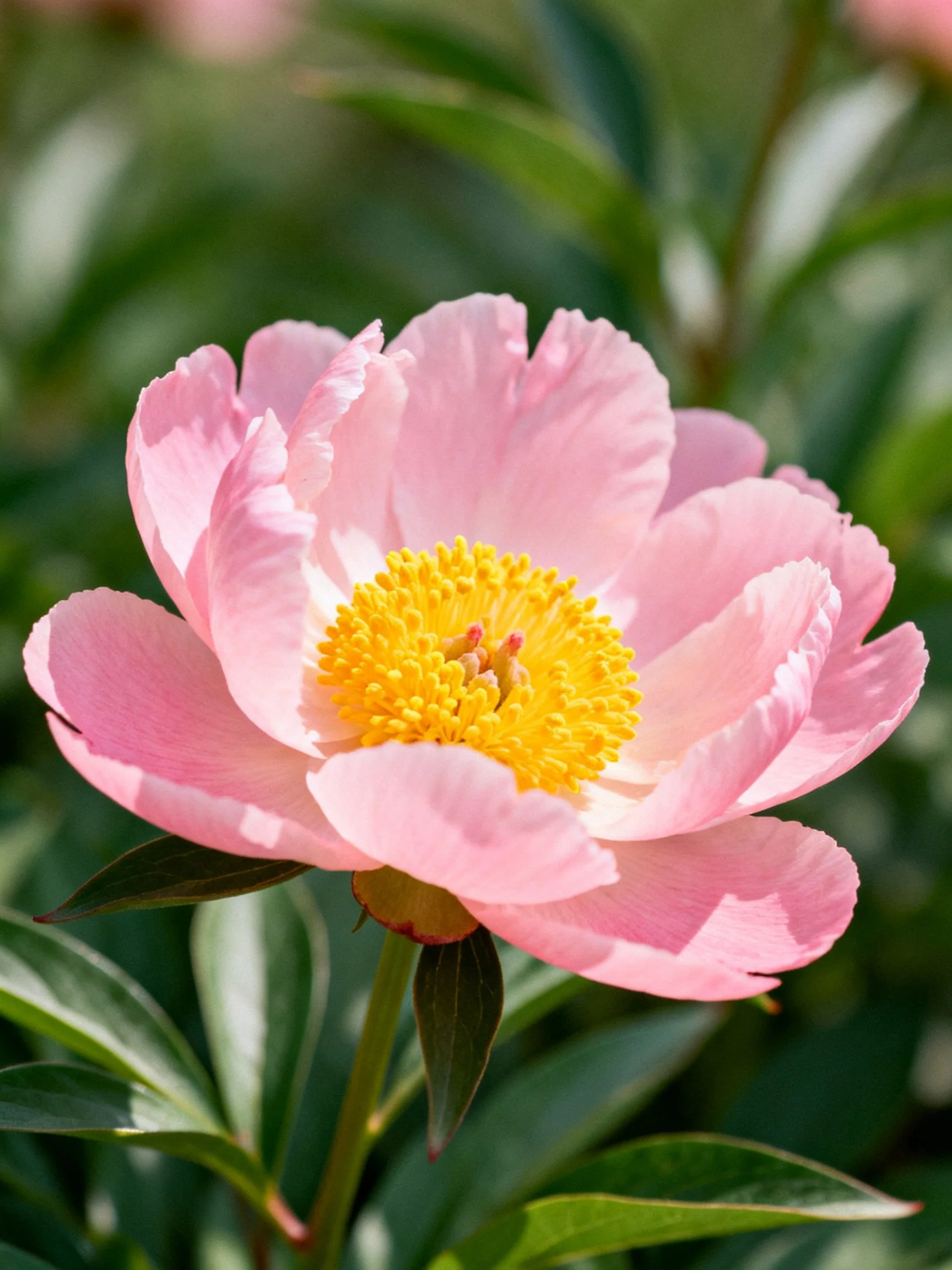A delicate pink peony with vibrant yellow center and lush green foliage
