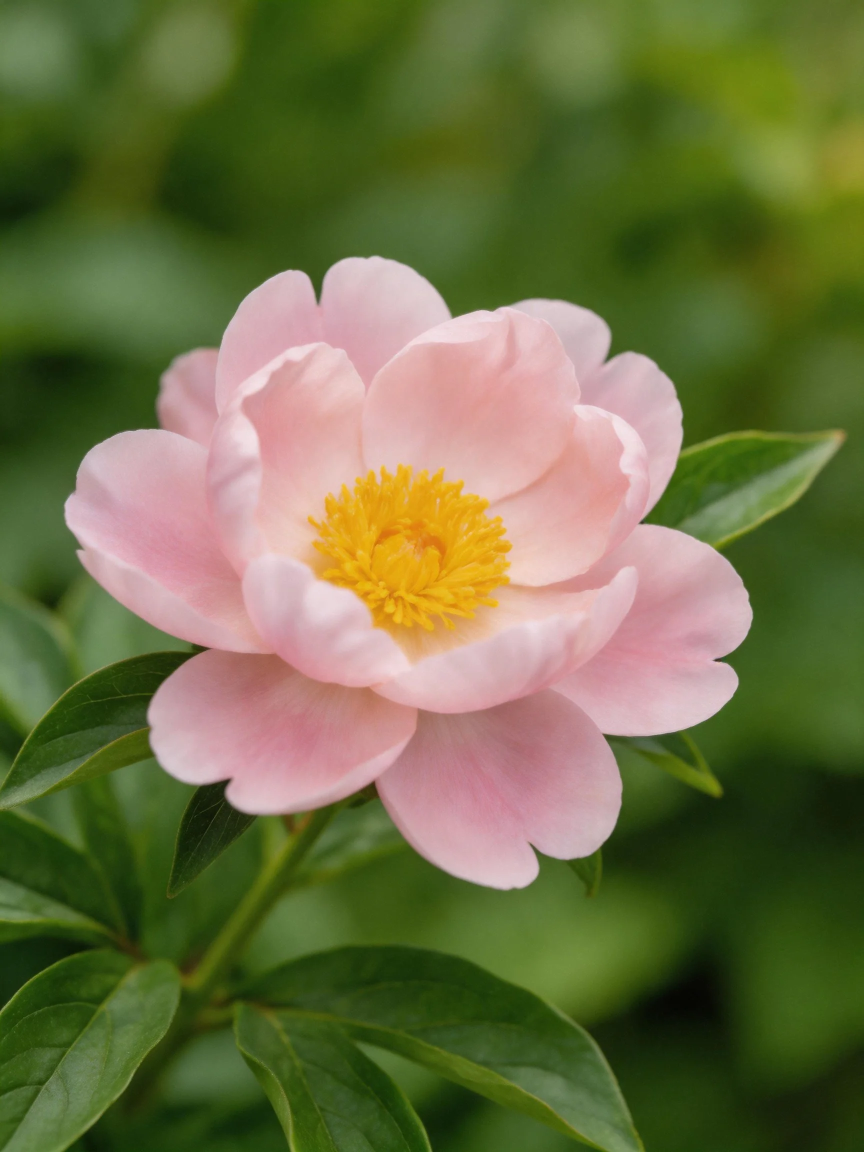 A delicate pink peony with vibrant yellow center