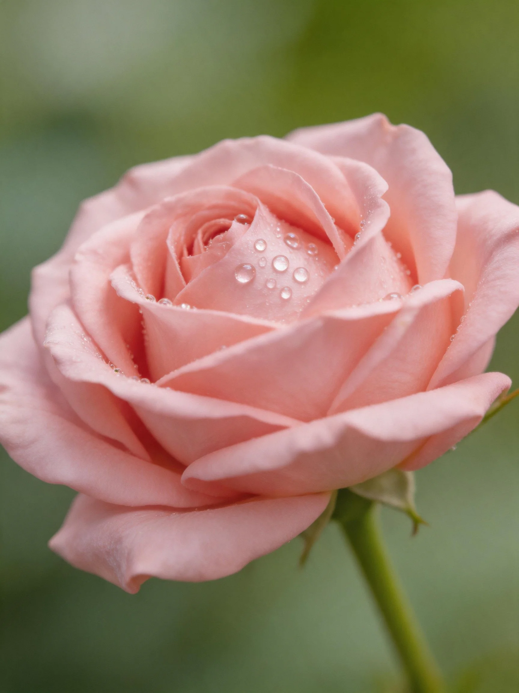 A delicate pink rose adorned with glistening dew droplets