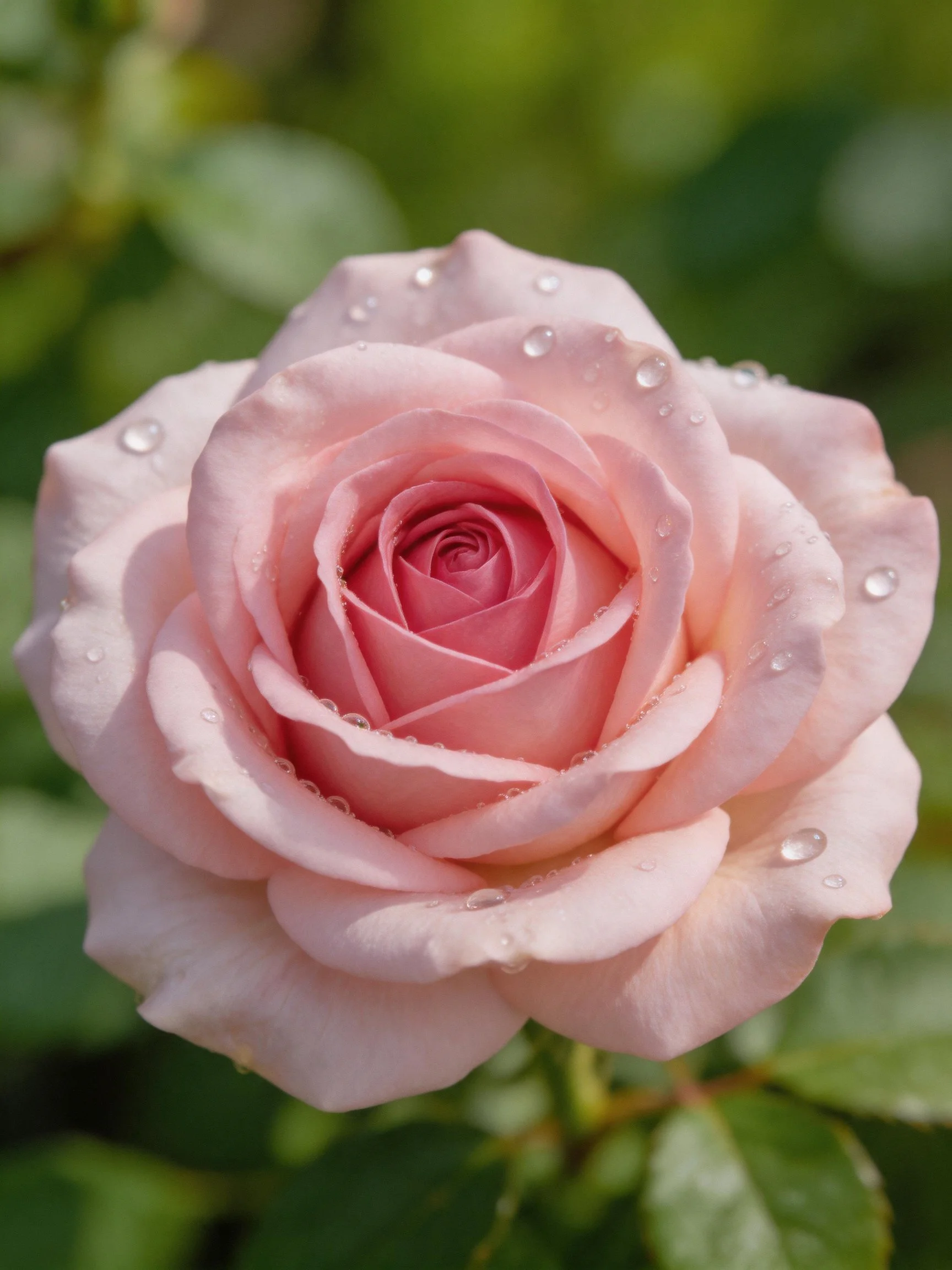 A delicate pink rose adorned with glistening water droplets
