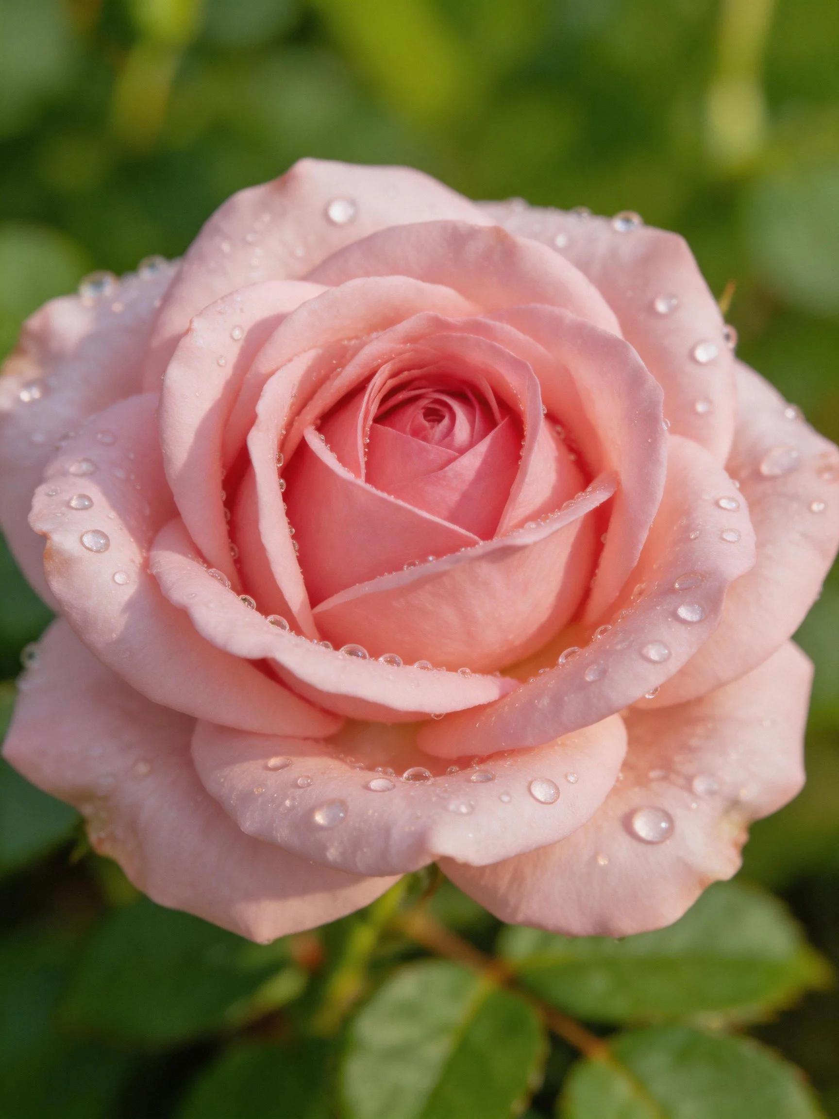 A delicate pink rose adorned with glistening water droplets